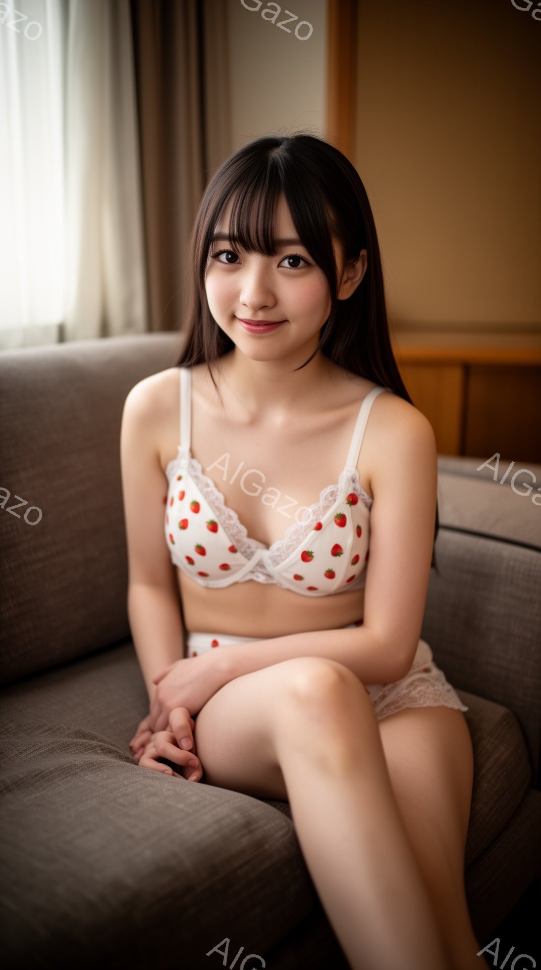 長い黒髪をセンターパートにした若い女性が、淡いピンク色にイチゴ柄が描かれたブラとショーツ姿でソファに座っています。彼女は少し微笑んでおり、リラックスした雰囲気で膝を揃えて座っています。背景には木製の家 - AI生成フリー素材