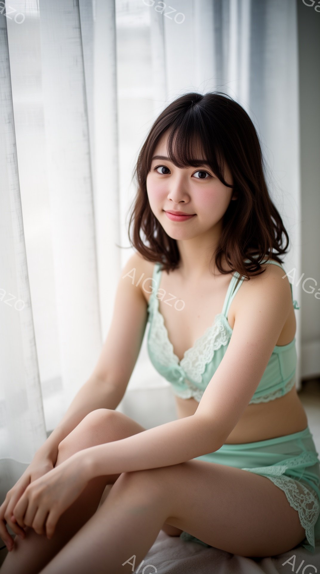 若い女性が薄緑色のレースのブラとショーツのセットを着用し、膝を曲げて座っています。彼女は茶色の髪を肩まで伸ばし、わずかに微笑み、リラックスした表情をしています。背景は白いカーテンで、柔らかく明るい雰囲 - AI生成フリー素材