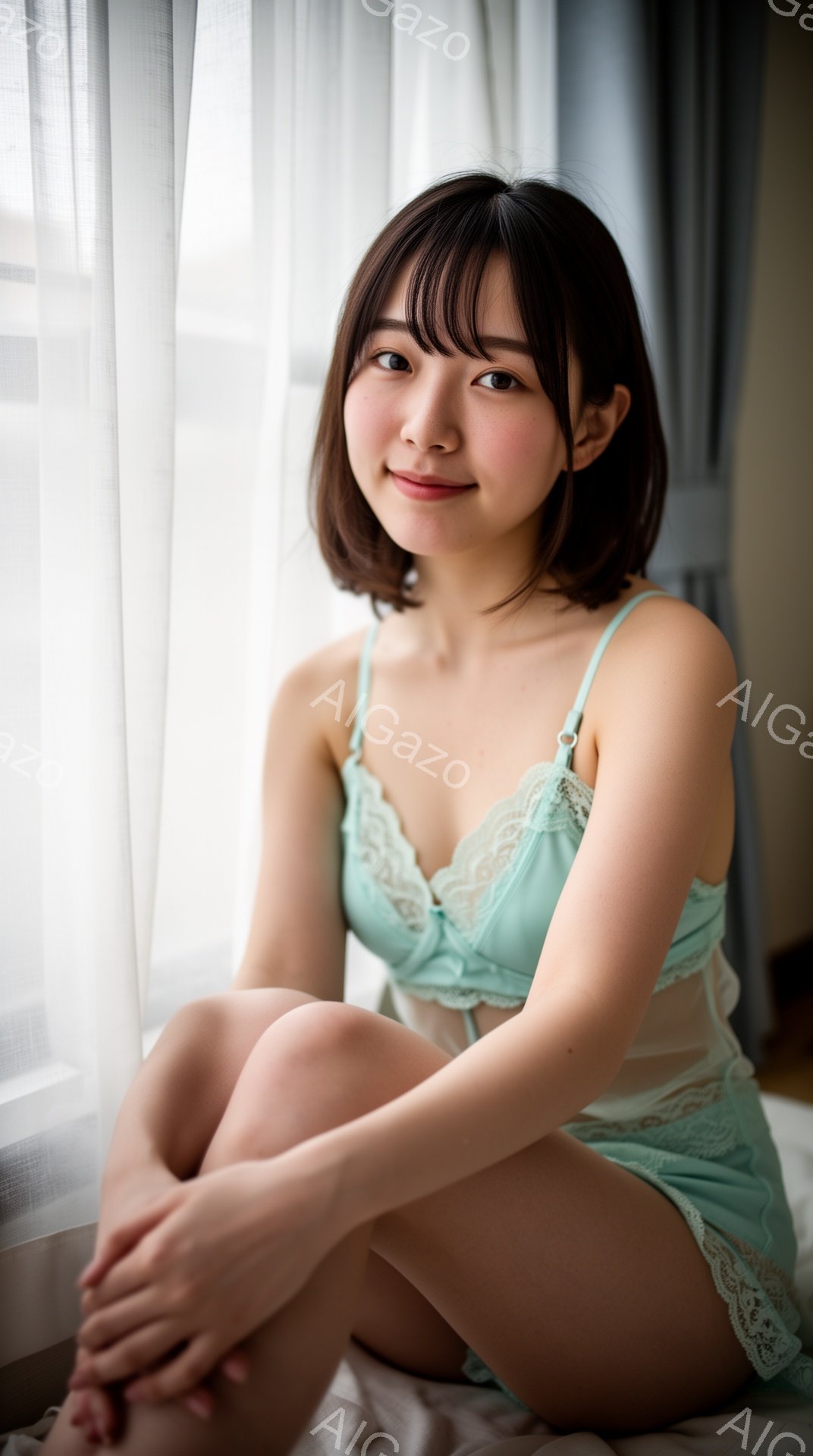 明るい室内で、若い女性が薄い水色のランジェリーセットを身につけて膝を抱えて座っています。 彼女は短いダークブラウンの髪型で、穏やかな微笑みを浮かべています。 背景にはぼやけた白いカーテンとベッドシーツ - AI生成フリー素材