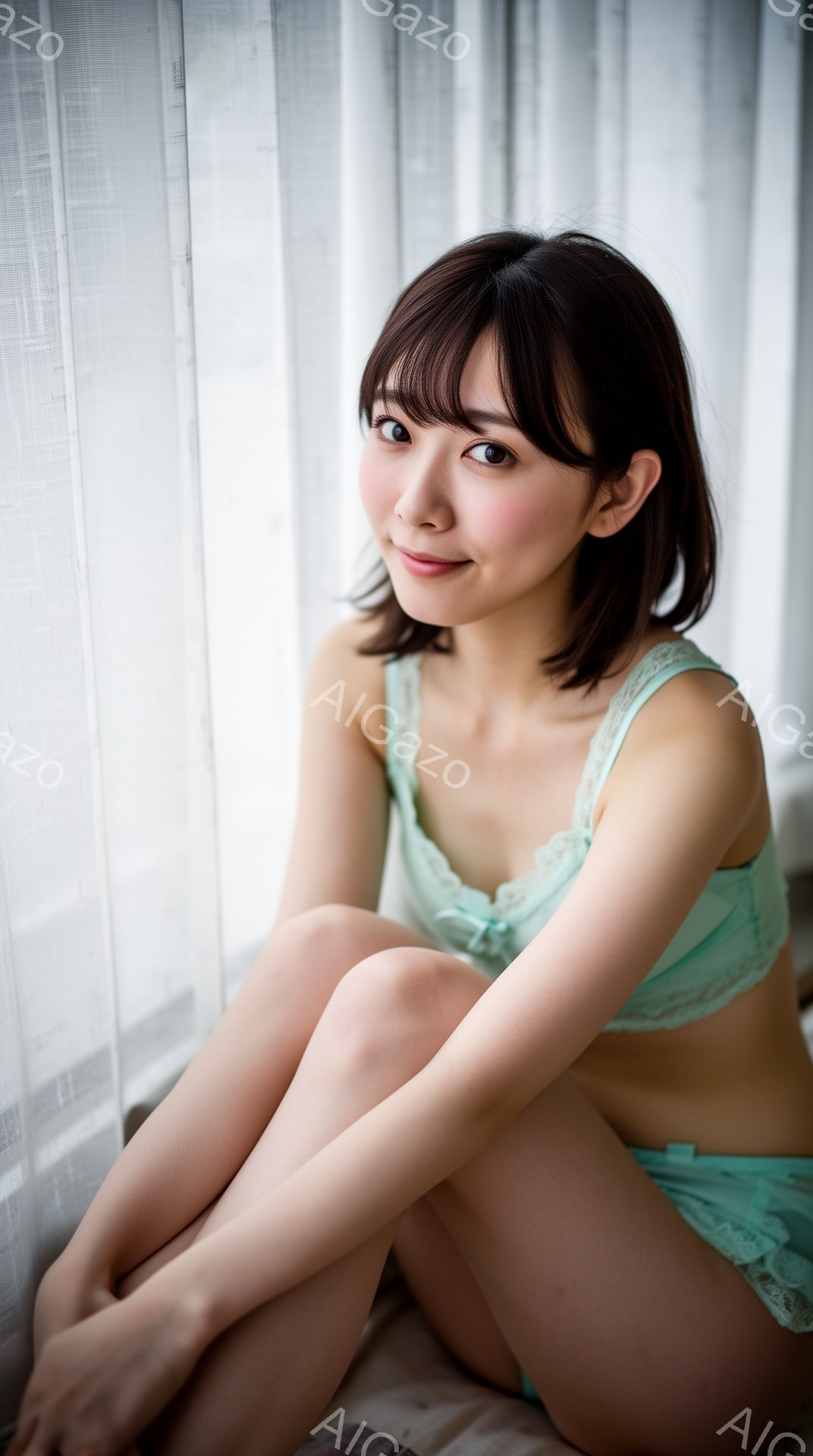 モデルは、淡い水色のレースのブラとショーツを身に着け、膝を曲げて座っています。彼女は黒いボブヘアで、微笑んでおり、顔色は明るく、健康的です。背景は白いカーテンで覆われた室内で、全体的に柔らかく、穏やか - AI生成フリー素材