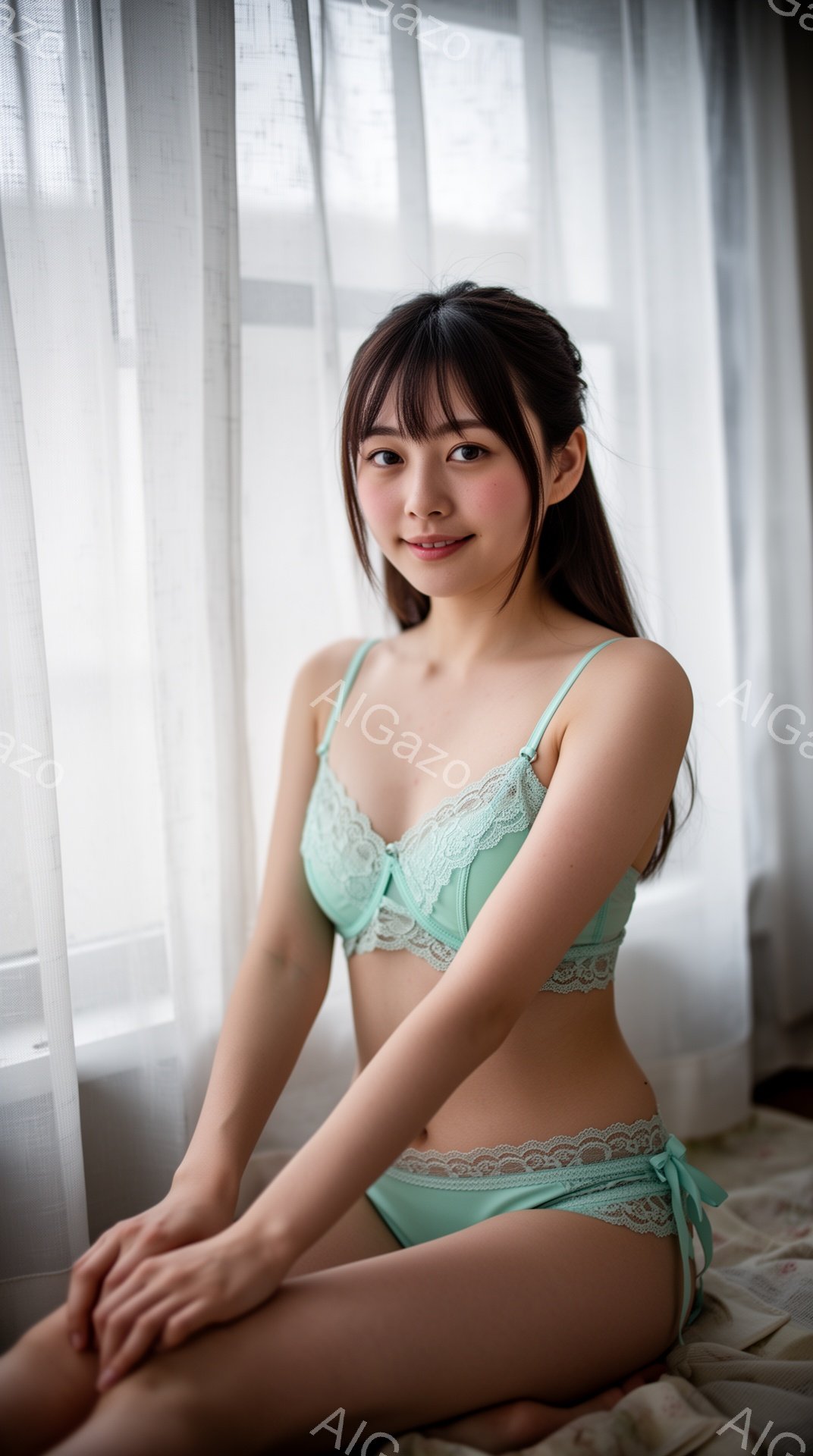 明るい室内で、ターコイズブルーのレースのブラとショーツを身につけた若い女性が座っています。彼女は黒髪で、前髪が少し長く、優しく微笑んでいます。背景には白いカーテンと、ぼやけたベッドシーツが見え、柔らか - AI生成フリー素材