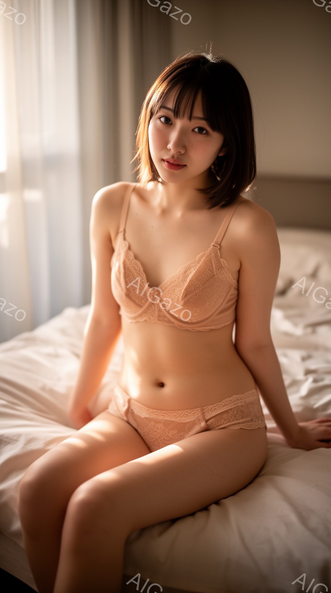 茶髪の女性が、レースのブラとショーツを身に着け、白いベッドに座っています。彼女は少し微笑んでおり、リラックスした表情をしています。背景はぼやけていますが、部屋の内装の一部が見え、全体的に柔らかく温かい - AI生成フリー素材