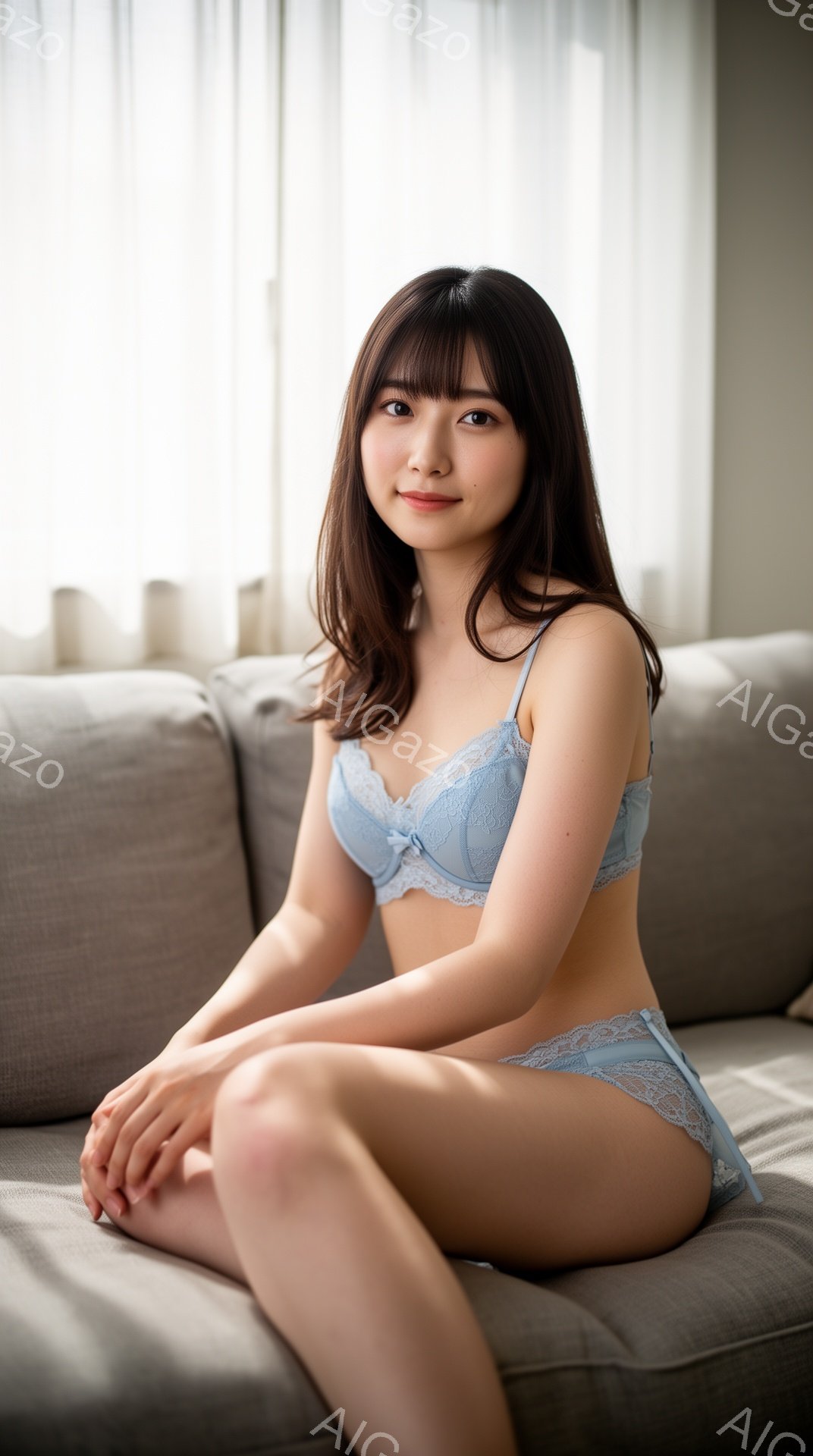 薄いブルーのレースのブラとショーツを着用した若い女性が、グレーのソファに座ってこちらを見つめています。肩まで届く黒髪は自然にカールしており、柔らかな微笑みを浮かべています。背景は明るい窓からの自然光で - AI生成フリー素材