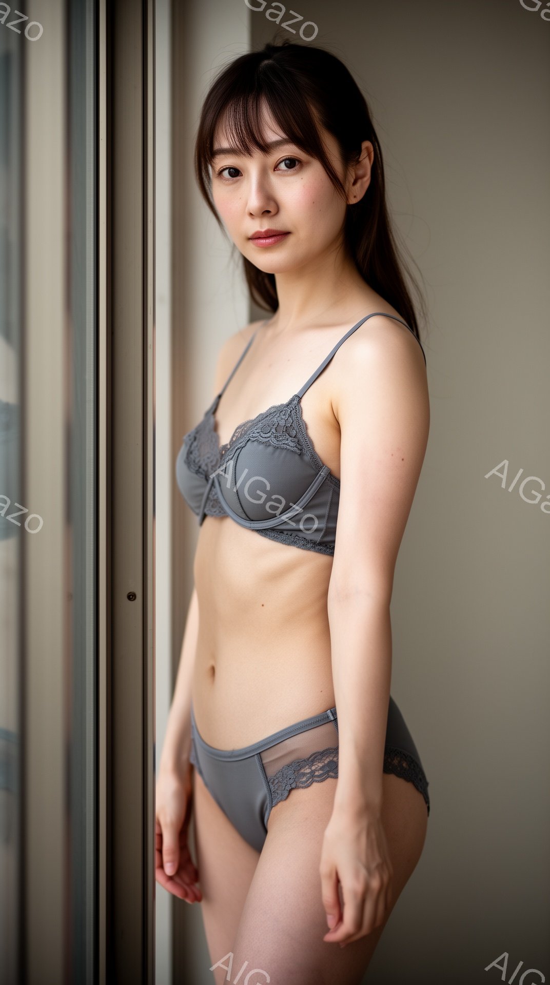 画像は、薄いグレーのレースのブラとショーツを身に着けた若い女性が写っています。彼女は肩を少し内側に入れ、片方の手を腰に当てて、壁に寄りかかっています。背景は、窓枠と壁の一部が見えるシンプルな室内で、全 - AI生成フリー素材