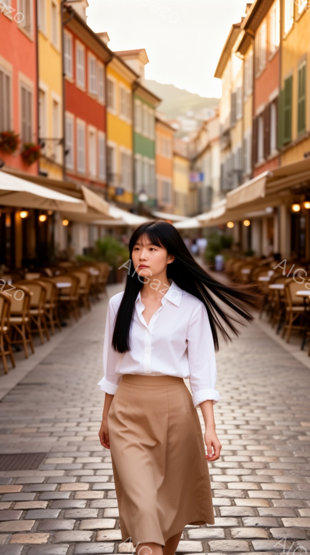 長い黒髪をなびかせながら、白いシャツとベージュのスカートを身につけた女性が石畳の通りを歩いている。背景にはカラフルな建物が並び、カフェの椅子が整然と並べられている。全体的に、明るく穏やかな雰囲気で、地 - AI生成フリー素材