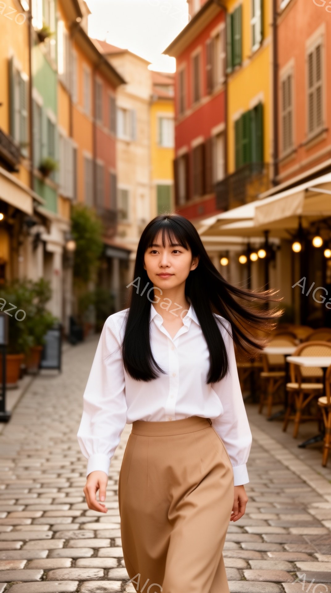 黒髪をセンターパートにした女性が、白いシャツとベージュのパンツを身に着け、石畳の道を進んでいます。彼女はわずかに微笑み、自信に満ちた表情でカメラを見つめています。背景にはカラフルな建物が立ち並び、暖かい日差しが降り注ぎ、活気のあるヨーロッパの街並みが広がっています。