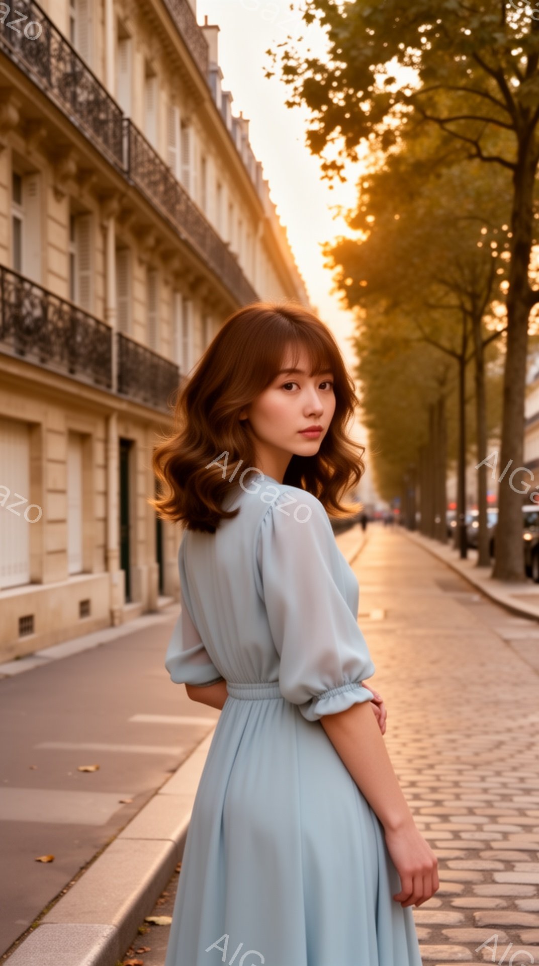 長い茶色の髪を肩にかかるように下ろし、薄い水色のワンピースを着た若い女性が、石畳の通りを歩いています。彼女は後ろを振り返らず、わずかに微笑んでおり、穏やかで少し物憂げな表情をしています。背景にはパリら - AI生成フリー素材