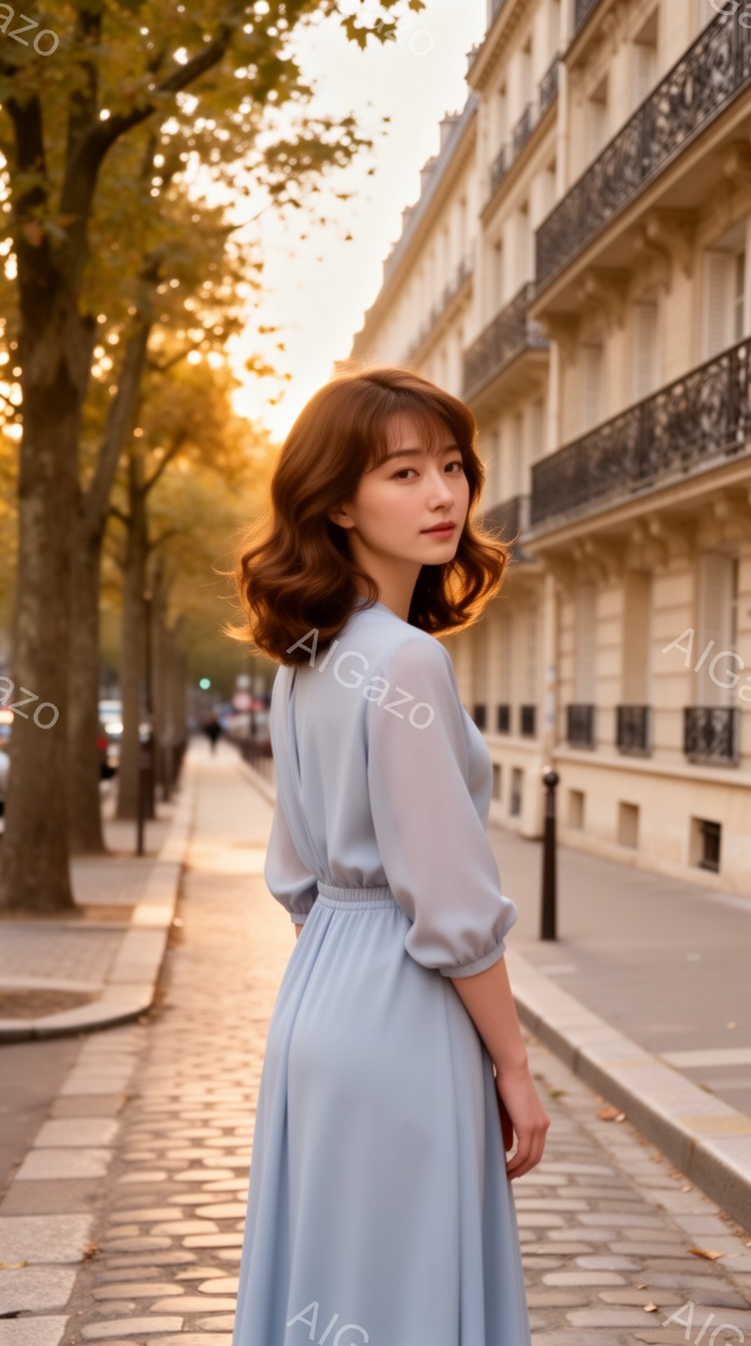 淡い水色のワンピースを着た女性が、石畳の道沿いを振り返っている。彼女は肩まで伸びた栗色の髪を優雅にカールさせ、物憂げな表情で遠くを見つめている。背景にはパリらしい美しい建物が立ち並び、夕日の光が柔らかく降り注いで、ノスタルジックでロマンチックな雰囲気を醸し出している。