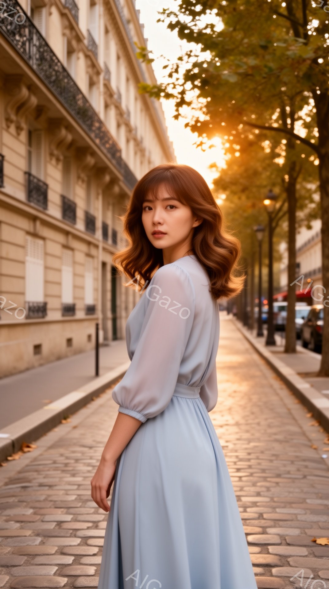 浅いブルーのゆったりとしたワンピースを着た若い女性が、石畳の道に立っています。彼女は髪をふんわりとカールさせ、後ろを向いて穏やかな表情をしています。背景にはパリの建物と木々が見え、夕暮れ時の暖かい光が - AI生成フリー素材
