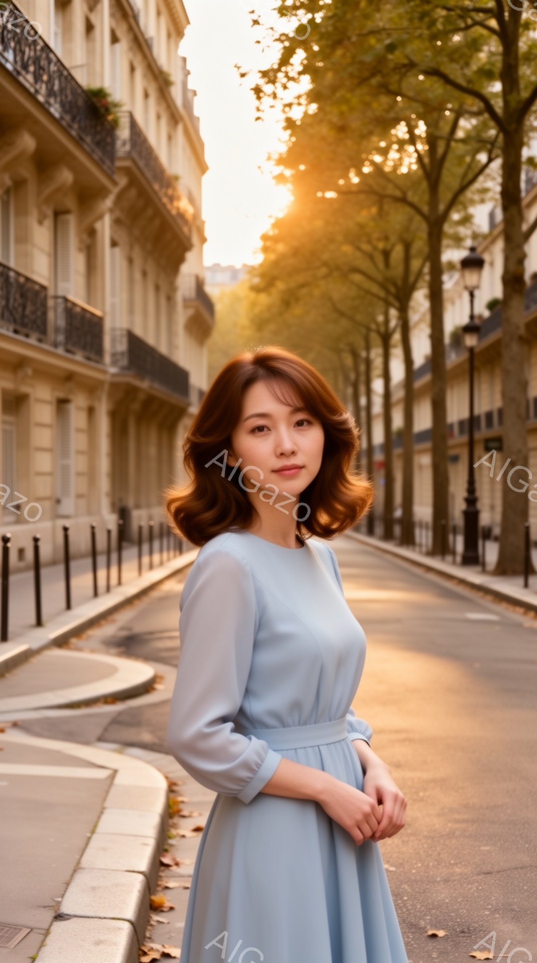 明るい青色のワンピースを着た女性が、パリの街並みを背景に立っています。彼女は肩までの中髪をカールさせ、穏やかな笑顔を浮かべています。背景には、石造りの建物が並び、木々がオレンジ色に染まっており、夕暮れ時の穏やかで暖かい雰囲気が漂っています。