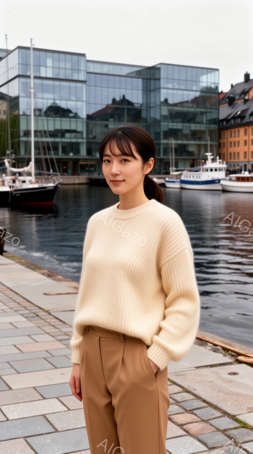 彼女はクリーム色のざっくりとしたニットセーターと、キャメル色のワイドレッグパンツを着用しています。軽く微笑んでおり、リラックスした雰囲気で、両手はポケットに入れています。背景にはモダンな建築物と、停泊しているボートが並び、水面は穏やかで、全体的に落ち着いた、洗練された雰囲気です。