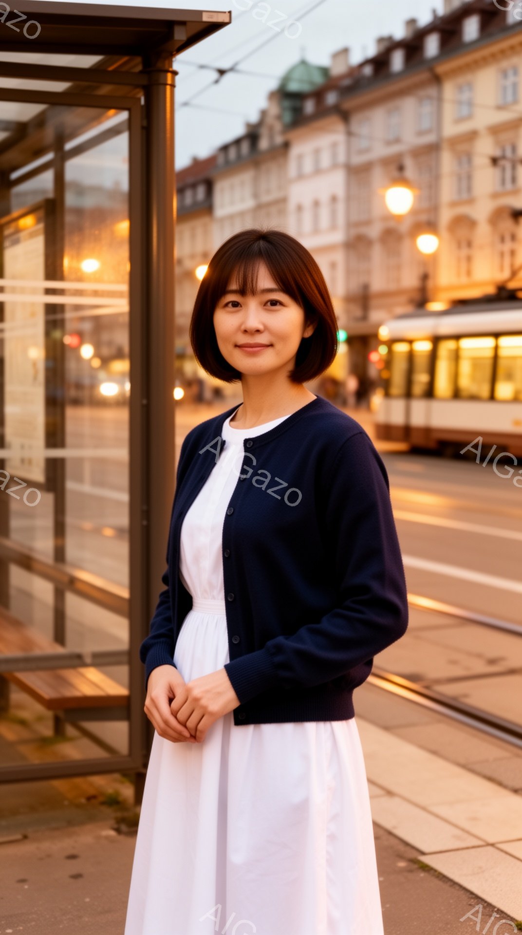 画像には、白のワンピースに濃紺のカーディガンを羽織った女性が写っています。彼女はストレートショートヘアで、穏やかな微笑みを浮かべています。背景には、路面電車が走る街並みと、夕暮れ時の建物が見え、落ち着 - AI生成フリー素材