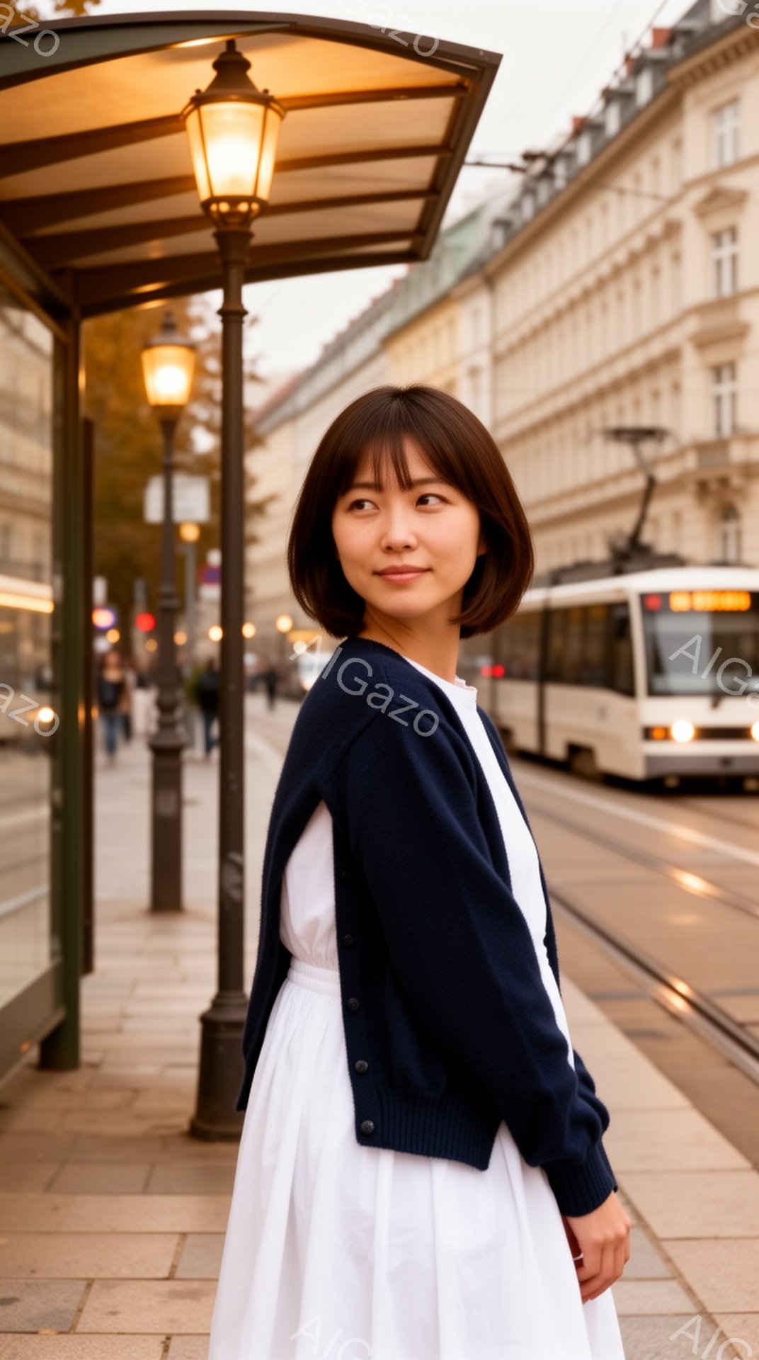 画像には、バス停で振り返る若い女性が写っています。彼女は白いワンピースに濃い紺色のカーディガンを着ており、前髪を合わせたショートヘアです。背景には、歴史的な建物が立ち並び、路面電車が走っており、穏やかで落ち着いた雰囲気です。