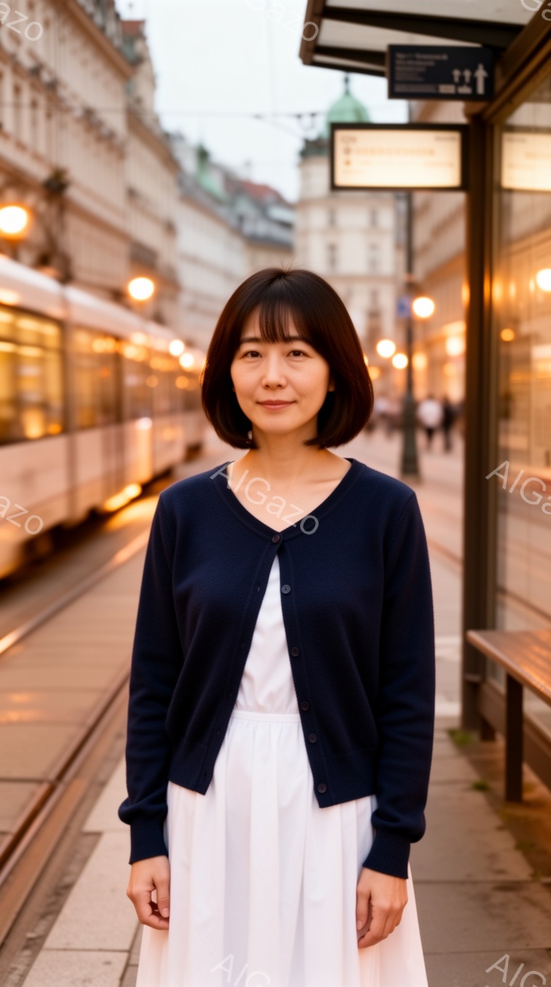 画像には、紺色のカーディガンに白いワンピースを着た若い女性が写っています。彼女は黒髪で、前髪を少し長めにしています。背景には路面電車の線路と、ぼやけた街並みが広がっており、穏やかで少しノスタルジックな雰囲気を醸し出しています。