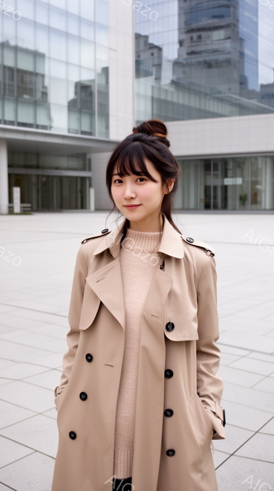 明るいベージュのトレンチコートを着た若い女性が写っています。髪はきっちりとまとめられ、前髪が少し顔にかかっています。背景にはモダンなガラス張りの建物があり、石畳の広場に立っており、全体的に落ち着いた雰囲気です。