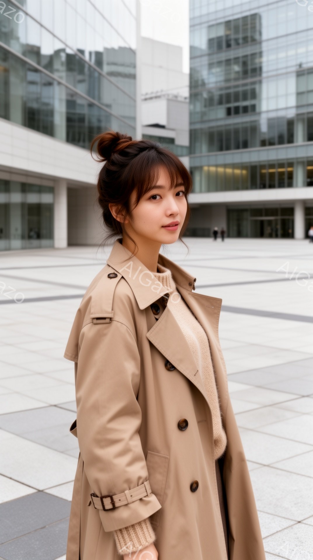 この女性はベージュ色のトレンチコートとクリーム色のセーターを着ており、髪を後ろでまとめ、穏やかな表情でこちらを見ている。彼女は少し横を向き、ベルトでウエストマークされたコートがシルエットを強調している - AI生成フリー素材