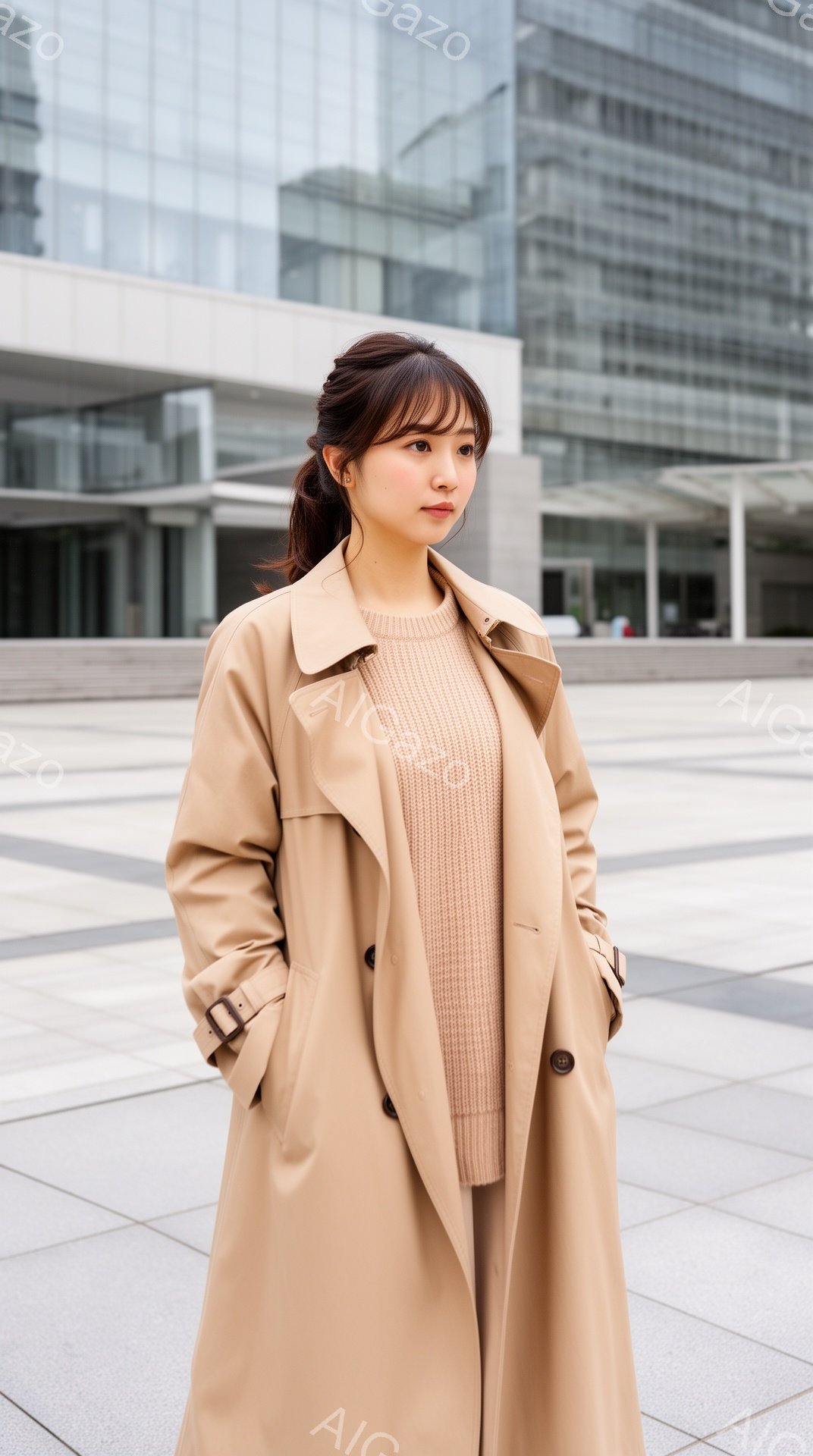 長いベージュのトレンチコートを着た若い女性が、グレーのセーターとズボンを合わせて立っています。彼女は髪を後ろでポニーテールにし、やや控えめな表情で正面を見ています。背景にはモダンな建築物が見え、石畳の - AI生成フリー素材