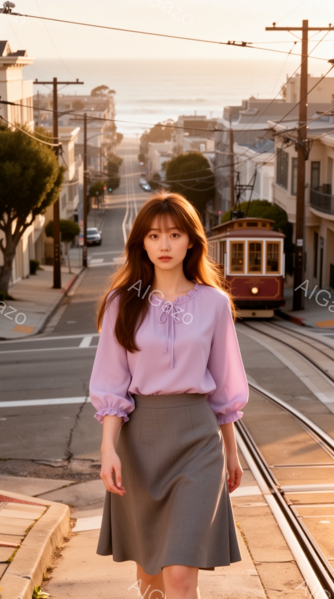 浅い紫色のブラウスに灰色のプリーツスカートを着用した若い女性が、サンフランシスコの坂道でカメラに向かって歩いてくる。彼女は長い茶色の髪をセンターパートにしており、穏やかな微笑みを浮かべている。背景には路面電車や住宅が並び、夕暮れ時の柔らかい光が全体を包んでいる。