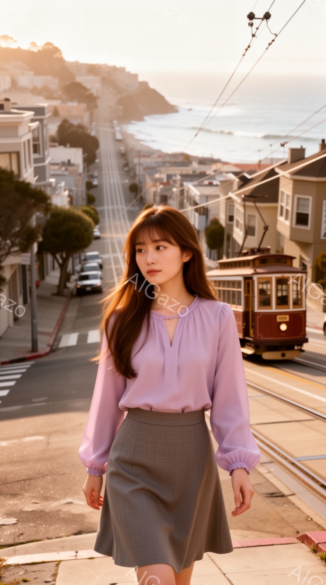 明るい紫色の長袖ブラウスと、チェック柄のグレーのスカートを身に着けた女性が、坂道の路上を歩いている。彼女は茶色の長い髪をしており、穏やかな表情でこちらを見ている。背景には、サンフランシスコの建物と、かすかに見える海が広がり、晴れた日の穏やかな雰囲気が漂っている。