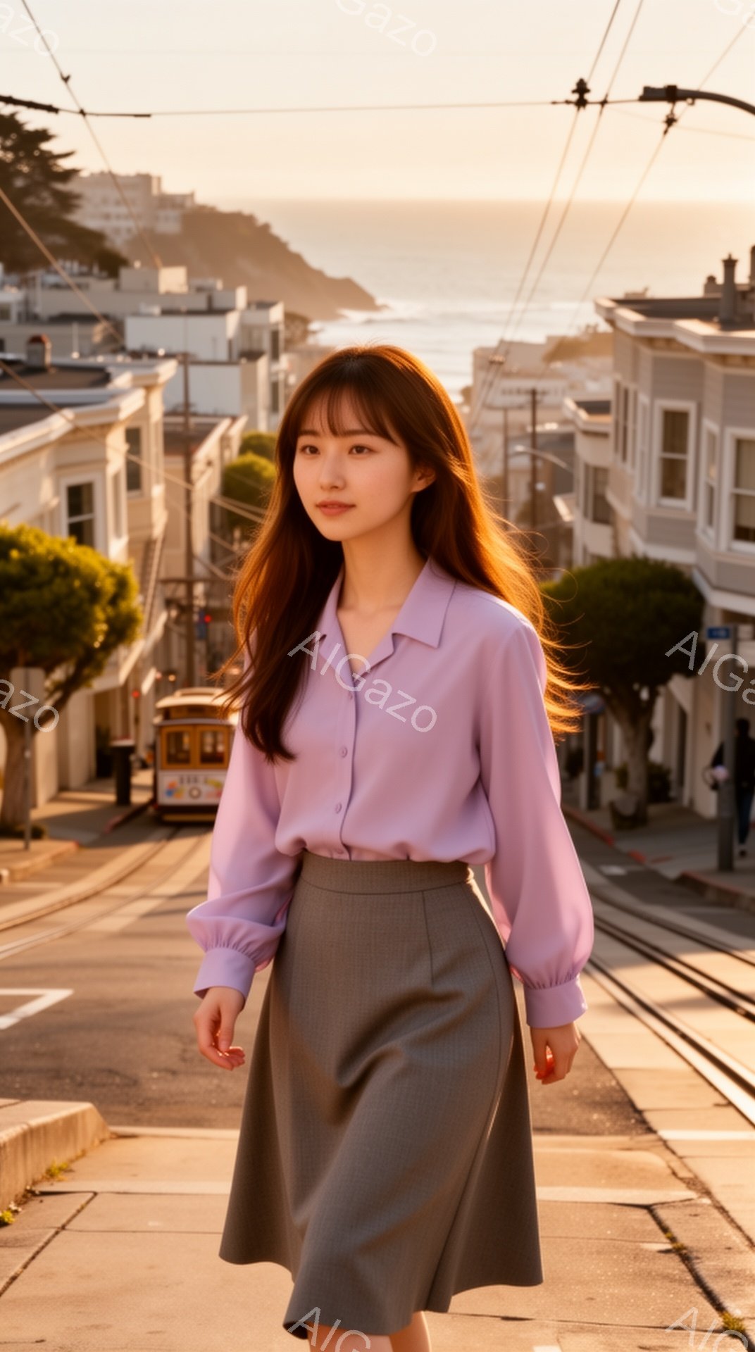 長い茶色の髪を肩にかかるように流した女性が、薄紫色のブラウスと灰色の膝丈スカートを身につけて、サンフランシスコの坂道を歩いている。彼女はわずかに微笑んでおり、リラックスした姿勢で、周囲の美しい街並みに溶け込んでいる。背景にはカラフルな家々が連なり、遠くには海が見え、暖かい夕日の光が全体を包み込み、穏やかで心地よい雰囲気を醸し出している。