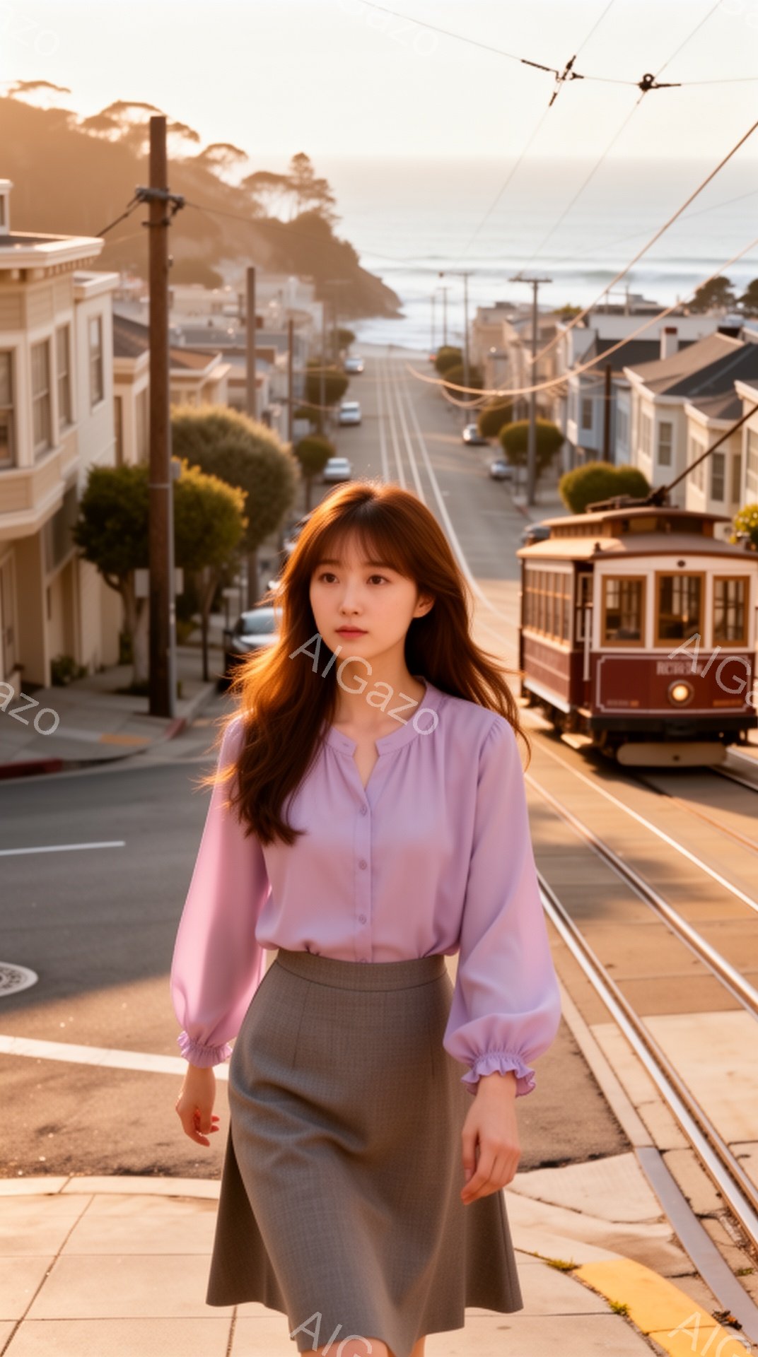 明るいピンク色のブラウスとチェック柄のスカートを身に着けた若い女性が、サンフランシスコの坂道でカメラの方を見ています。彼女は長い茶色の髪をしており、穏やかな表情で、やや微笑んでいるようです。背景には、カラフルな家々が立ち並び、遠くには海が見え、暖かい夕日の光が全体を照らしています。