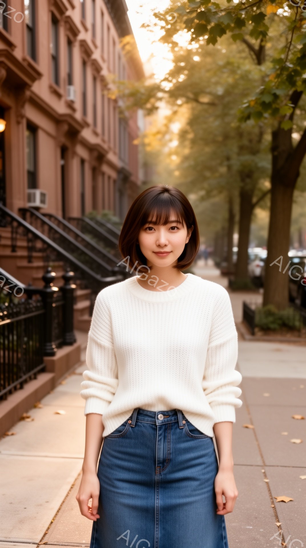 この女性は、白いセーターとデニムのスカートを身につけ、ストレートヘアで、わずかに微笑んでいます。彼女は道路に立ち、リラックスした姿勢で正面を向いています。背景には、レンガ造りの建物が並び、木々の緑が広がっており、晴れた日の穏やかな雰囲気が漂っています。