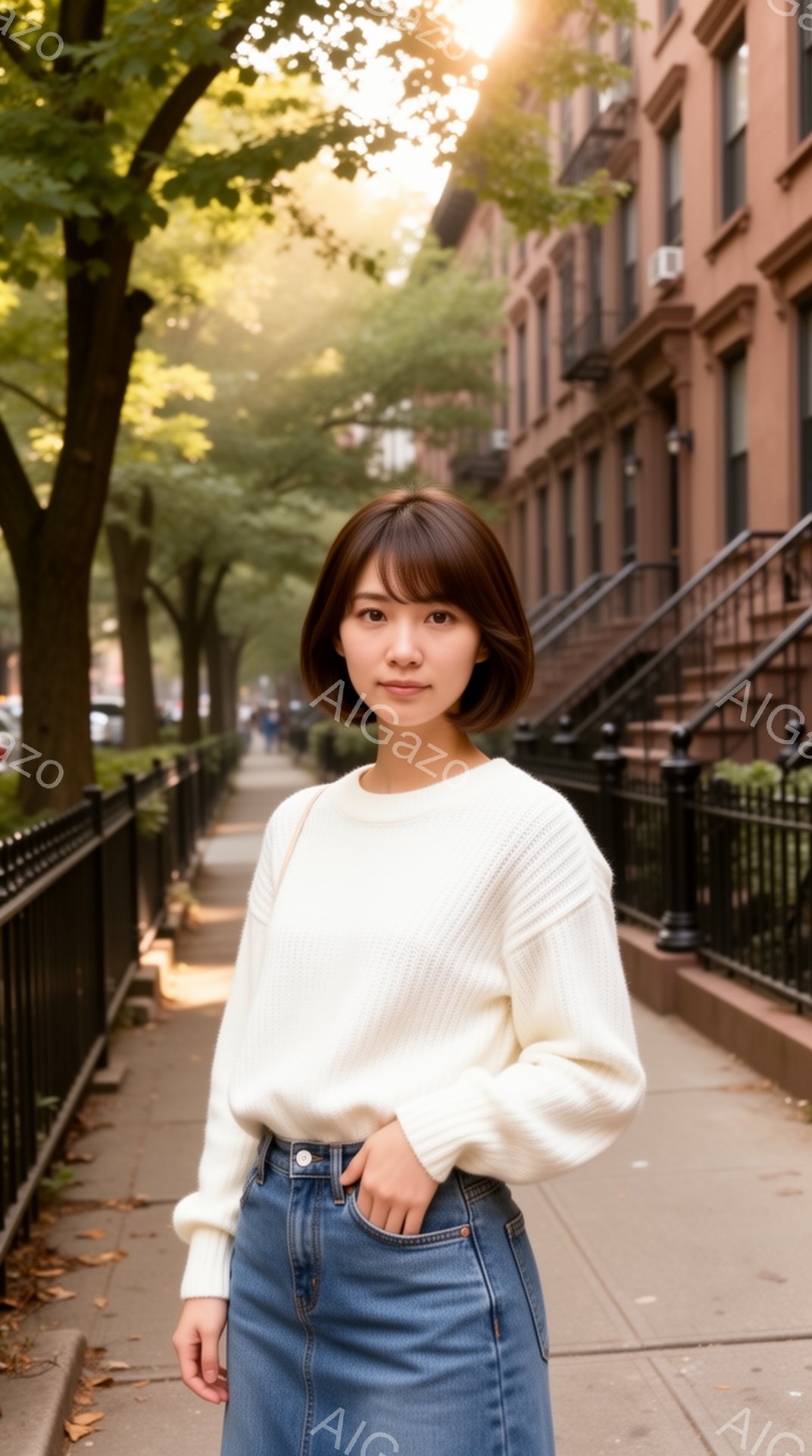 若い女性が、デニムのスカートとオフホワイトのセーターを着て、ニューヨークの通りの歩道に立っている。彼女は肩まで届く長さのダークブラウンのヘアスタイルで、少し微笑んだ表情をしている。背景にはレンガ造りの - AI生成フリー素材