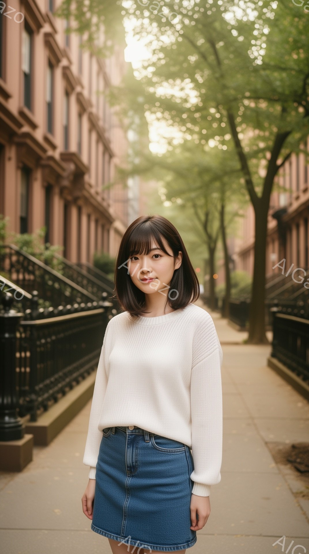 若い女性が、レンガ色の建物が並ぶ並木道で正面を向いて立っている。白いセーターとデニムのスカートを身に着け、前髪を下ろしたダークブラウンの髪は肩のあたりまで伸びている。背景には緑豊かな木々が太陽の光を浴びて輝き、穏やかで落ち着いた雰囲気を醸し出している。