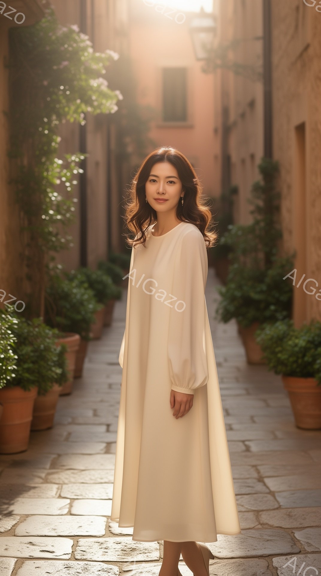 画像には、ベージュ色のゆったりとしたワンピースを着た女性が写っています。彼女は髪を軽くウェーブさせ、穏やかな微笑みを浮かべています。石畳の道に沿って鉢植えの植物が並び、背景には日差しが差し込む古い建物 - AI生成フリー素材
