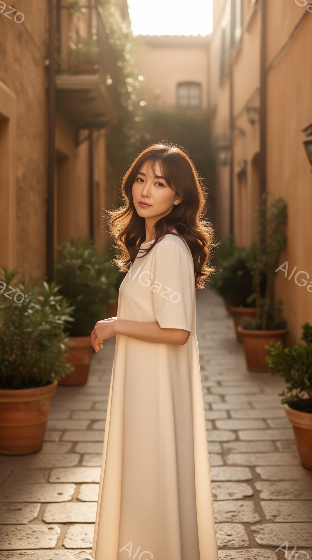 柔らかいクリーム色のワンピースを着た女性が、石畳の路地に立っています。彼女は肩まで伸びた茶色の髪を軽くカールさせ、穏やかな表情でわずかに横を向いています。背景には、陶器のプランターに植えられた緑の植物が並び、太陽の光が差し込むことで、暖かく穏やかな雰囲気が漂っています。