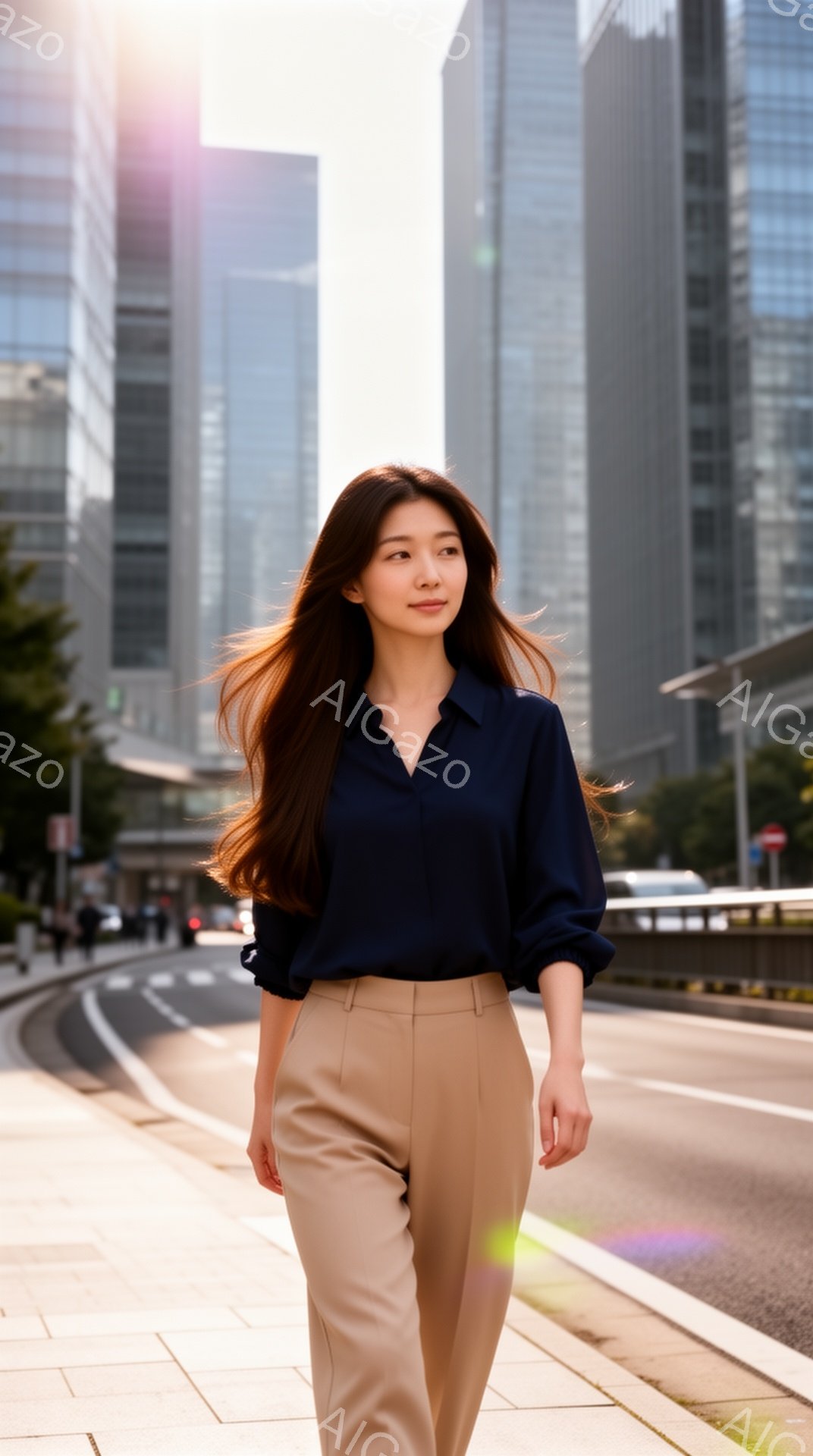 長い髪をなびかせながら、紺色のブラウスとベージュのパンツを身につけた女性が歩道を歩いている。彼女は少し微笑み、自信に満ちた表情で前を見据えている。背景には近代的な高層ビル群がそびえ立ち、晴れた日の都会の風景が広がっている。