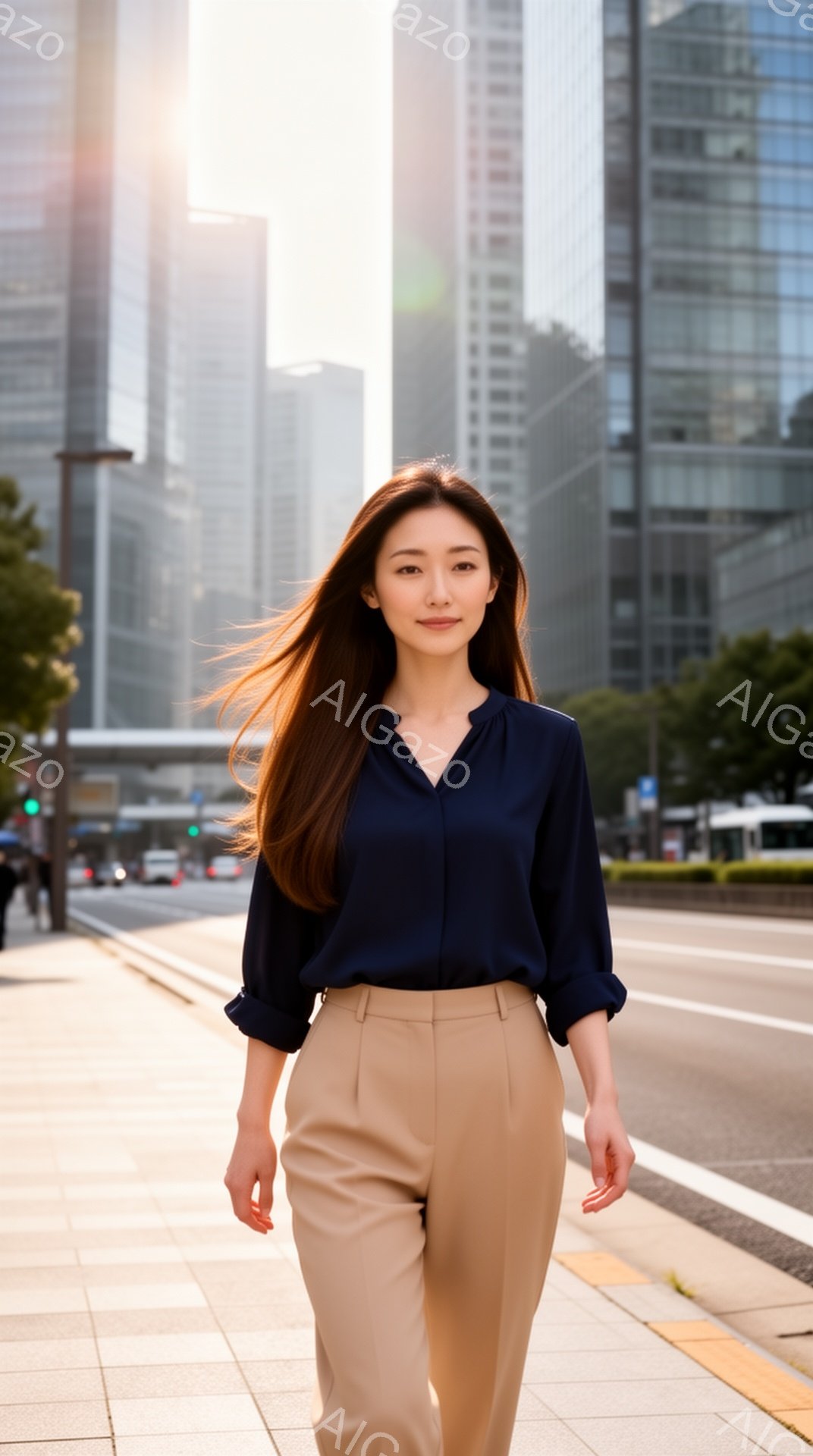 モデルは紺色のブラウスとベージュ色のズボンを着用し、街路を歩いています。彼女は長いストレートヘアで、穏やかな微笑みを浮かべています。背景には近代的な高層ビルが立ち並び、晴天の下、明るく洗練された雰囲気が漂っています。