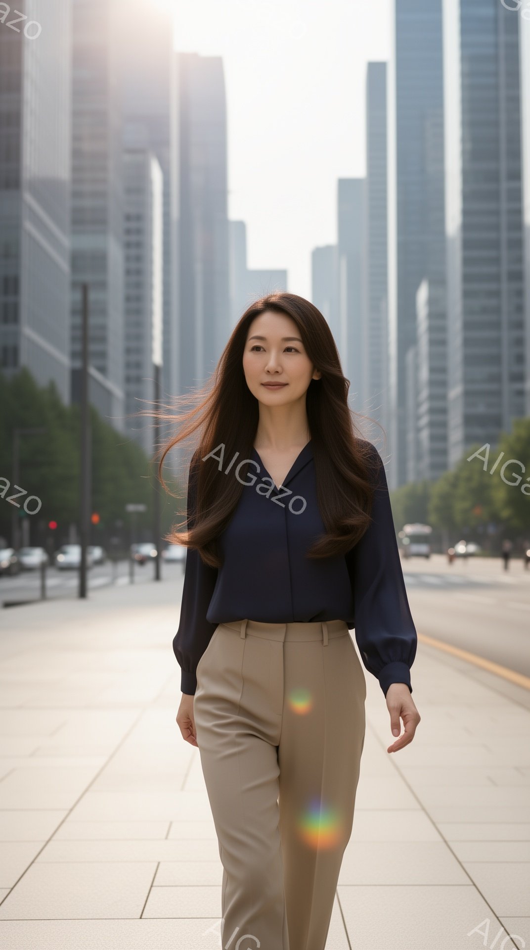 深い青色のブラウスとベージュ色のパンツを着用した女性が、歩道の中央を自信を持って歩いている。彼女は長い髪を後ろに流し、穏やかな笑顔を浮かべている。背景には高層ビル群が立ち並び、晴天の下、モダンで洗練された都市の雰囲気が漂っている。