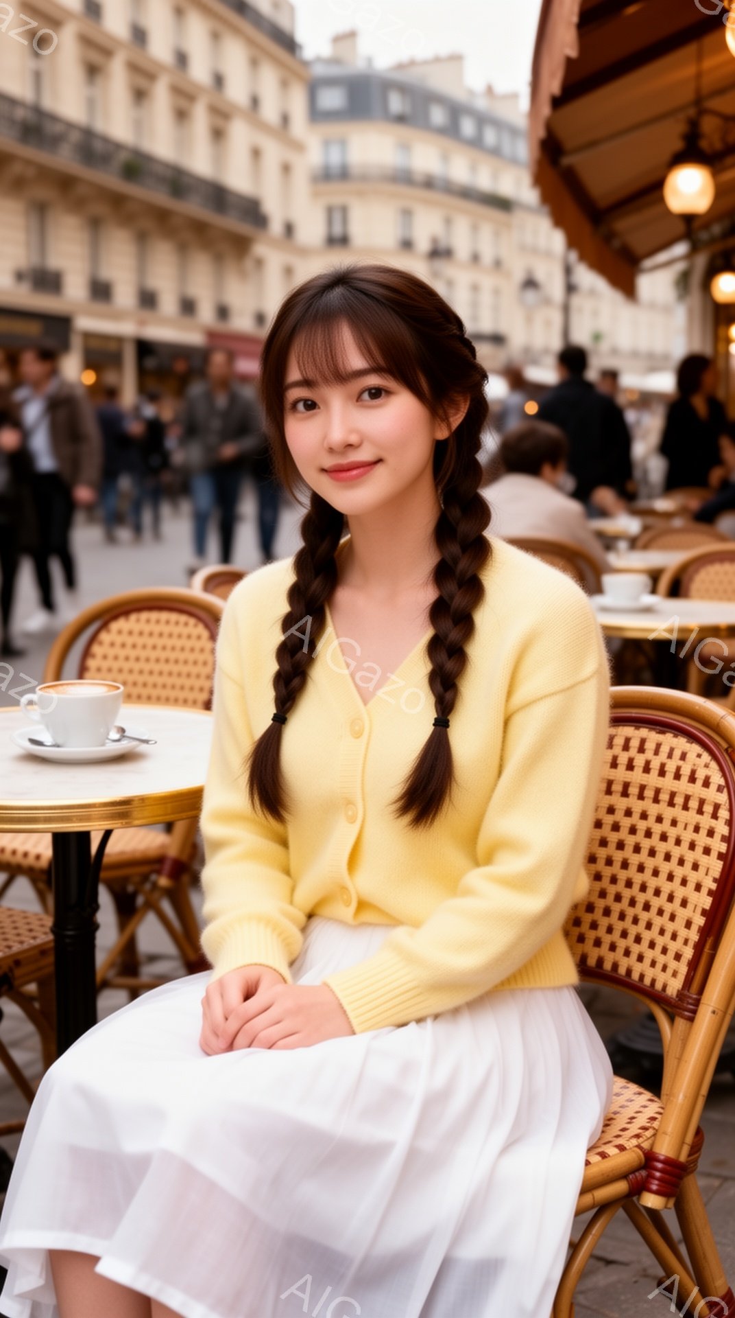明るい黄色のカーディガンと白いスカートを着た若い女性が、パリのカフェのテーブルに座っています。彼女は二つに分けた三つ編みの髪をしており、穏やかな笑顔を浮かべています。背景には石造りの建物が立ち並び、カフェには他の客も座っており、穏やかで明るい雰囲気が漂っています。