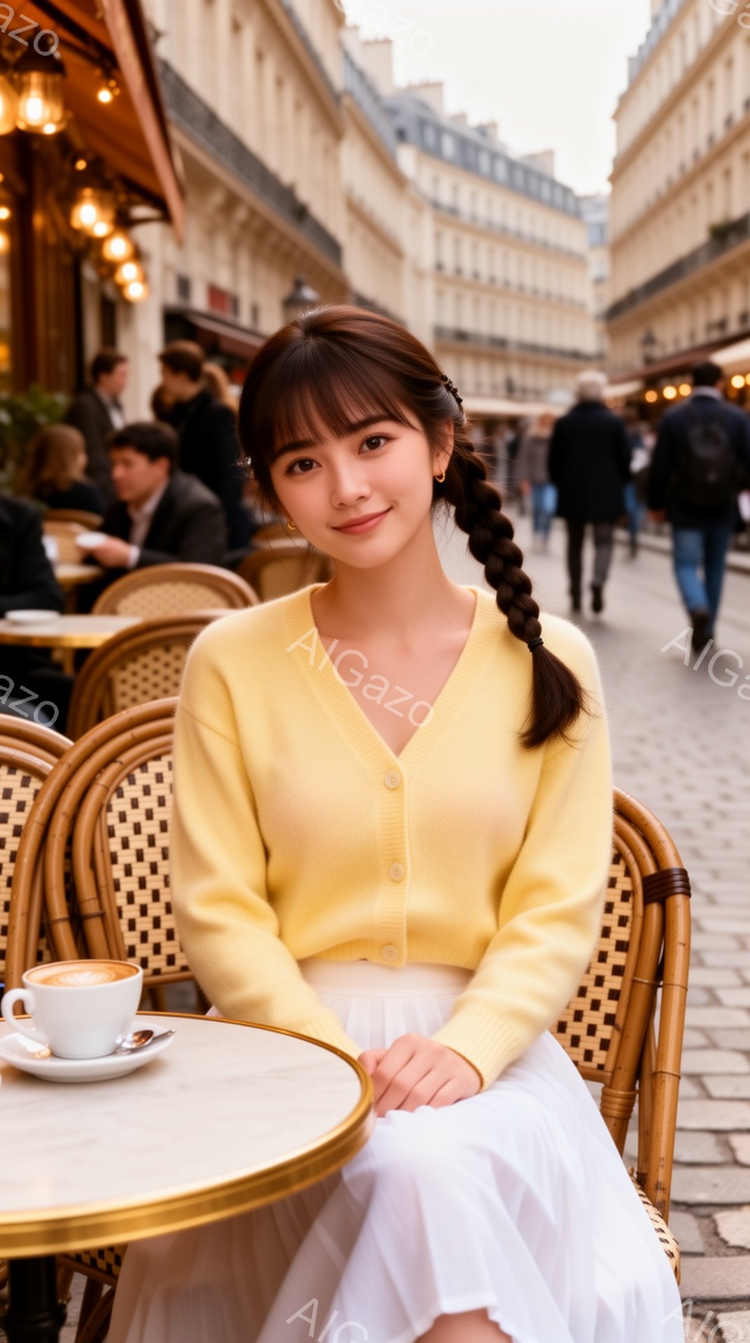 明るい黄色のカーディガンと白いスカートを身につけた若い女性がカフェのテーブル席に座っています。彼女は三つ編みの髪をしており、微笑んでカメラを見ています。背景にはパリの街並みとカフェのテラス席があり、穏やかで明るい雰囲気です。