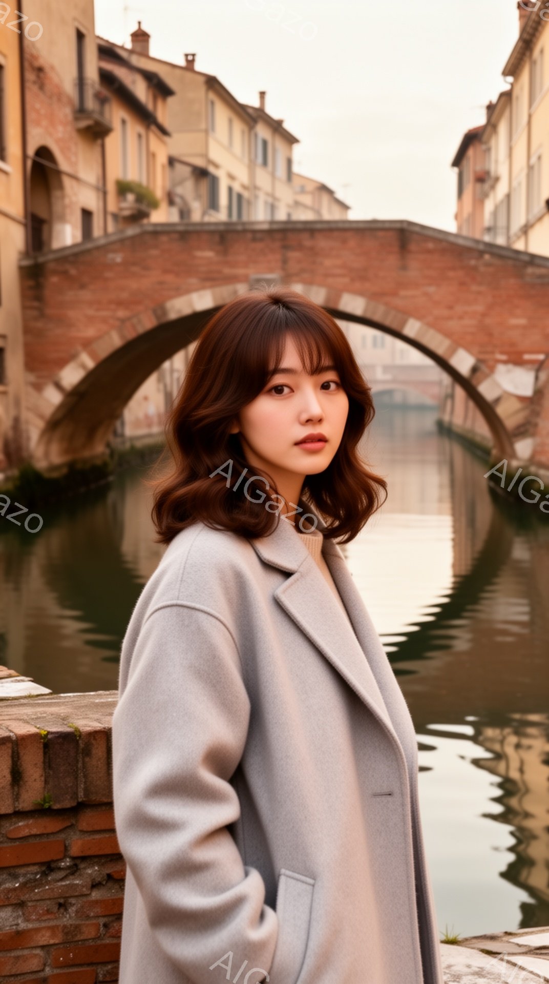 浅い栗色の髪を肩にかかる長さに切りそろえた女性が、灰色のオーバーコートを羽織って立っている。彼女は少し微笑み、カメラの方を穏やかに見つめている。背景には、レンガ造りの建物が並び、運河が流れ、穏やかな日差しが差し込む、落ち着いた雰囲気の風景が広がっている。