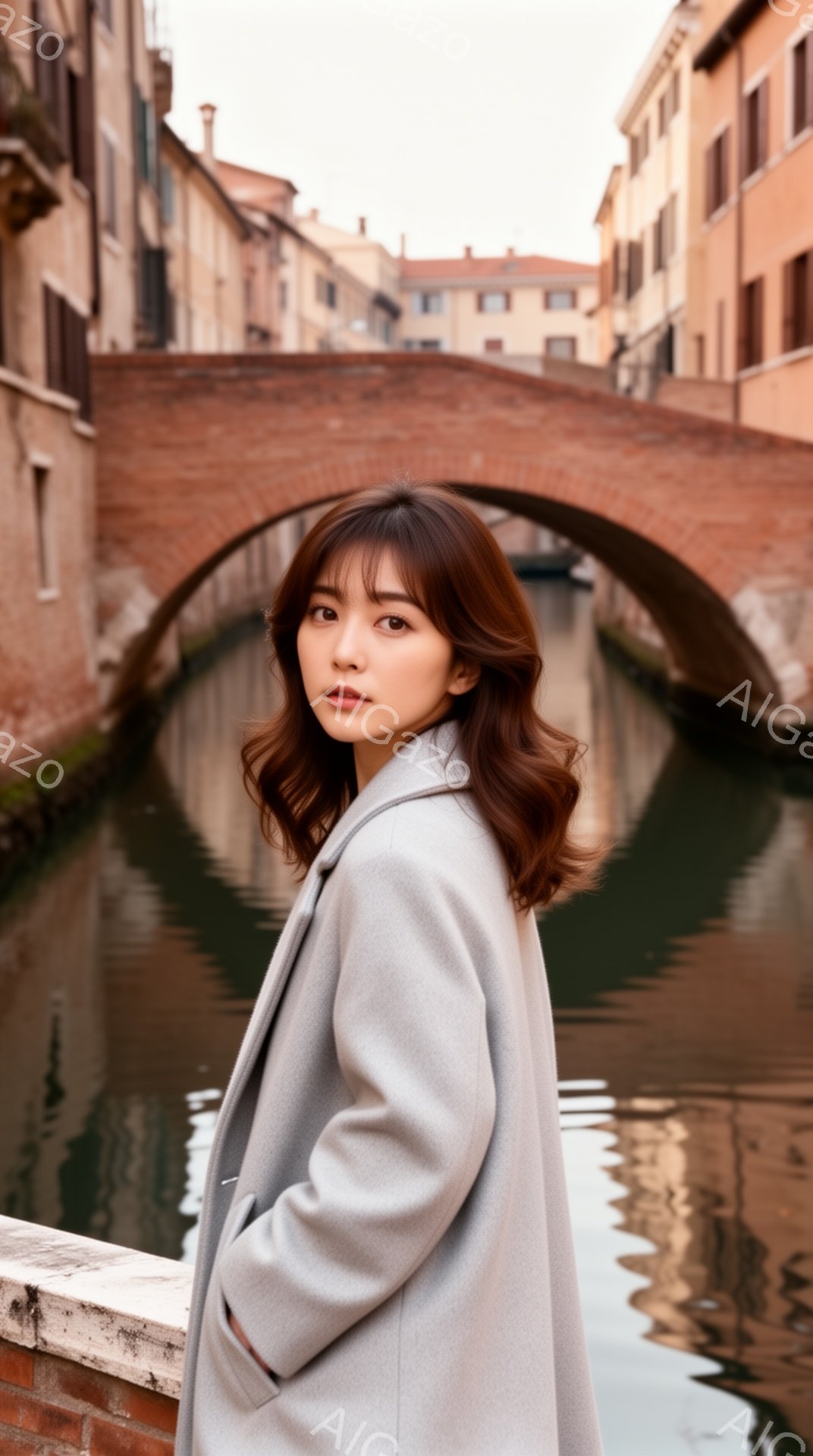 長い茶色のウェーブヘアの女性が、グレーのコートを着て、運河のそばに立っている。彼女は少し振り返ってカメラを見つめ、穏やかな表情を浮かべている。背景には、赤いレンガ造りの建物とアーチ状の橋があり、水面にその姿が映り込み、穏やかでロマンチックな雰囲気を醸し出している。