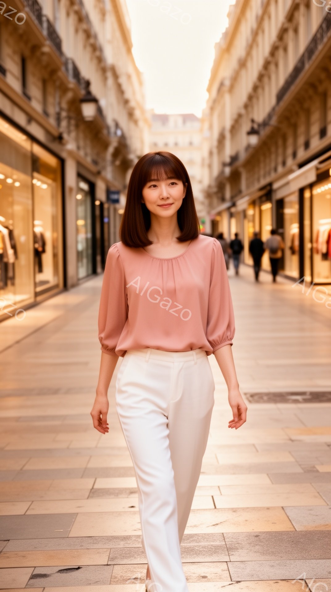 画像には、ベージュの建物が並ぶ石畳の通りを、前髪を揃えた茶髪の女性が歩いている様子が写っています。彼女はパステルピンクのブラウスに白いパンツを着用し、リラックスした表情でまっすぐカメラの方を見ています - AI生成フリー素材