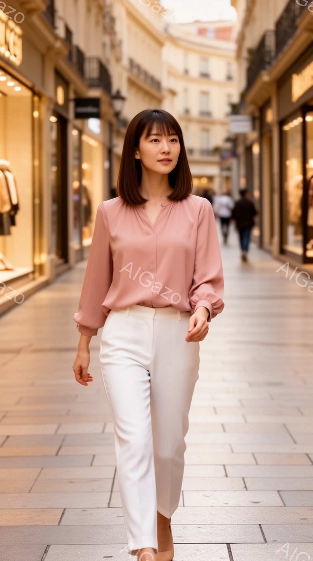 街並みを歩く女性が写っています。彼女はパステルピンクのブラウスと白のパンツを着用し、前髪を少し長くしたショートボブヘアです。表情は穏やかで、自信に満ちた歩き方をしています。