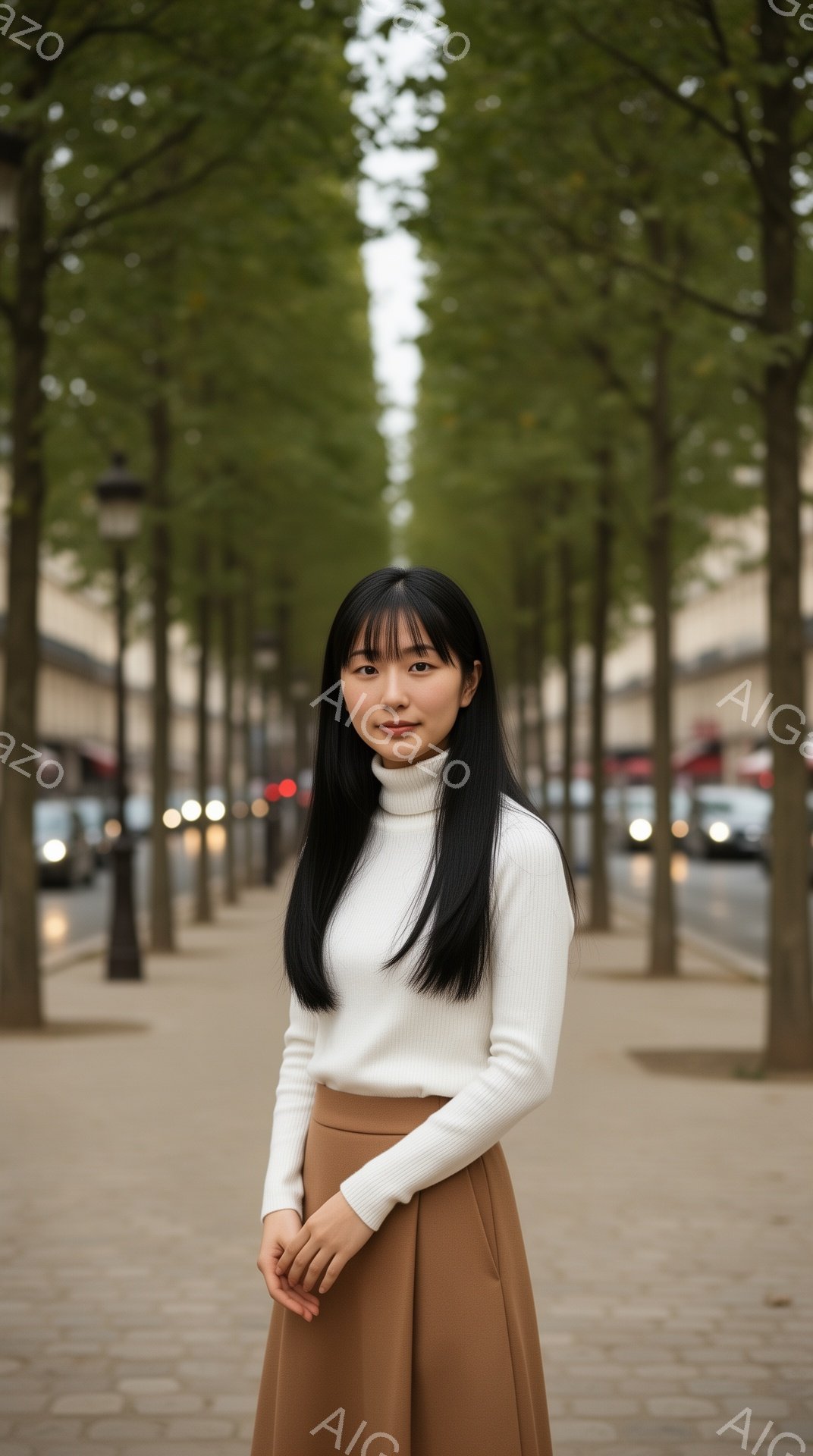長い黒髪をストレートに下ろし、白いセーターとキャメル色のスカートを身に着けた女性が写っている。彼女は正面を向き、わずかに微笑んでおり、リラックスした姿勢で立っている。背景には、両側が整然と並んだ木々が - AI生成フリー素材