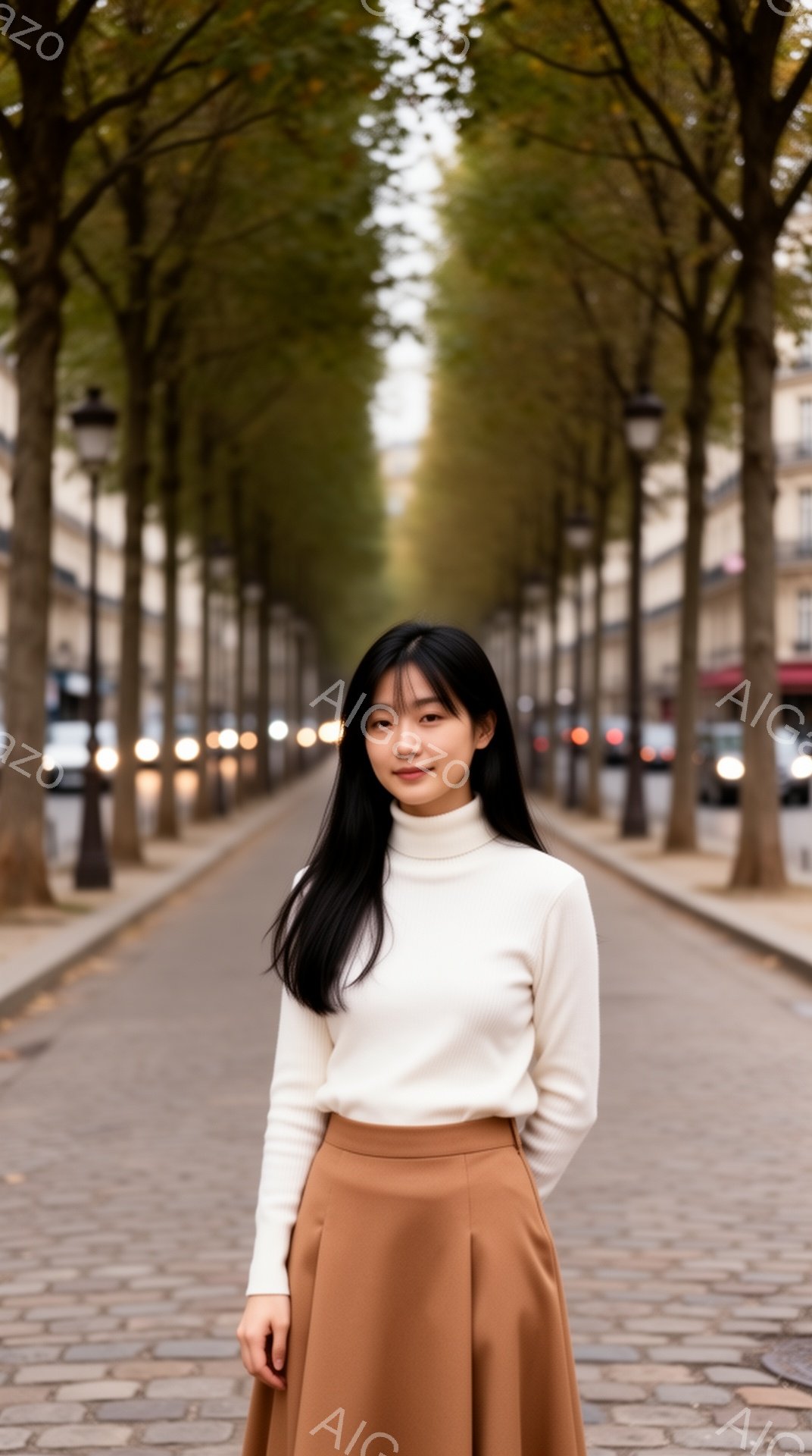 黒髪を長く伸ばした女性が、オフホワイトのタートルネックセーターと茶色のフレアスカートを身に着けて立っている。彼女は少し微笑んでおり、落ち着いた表情をしている。背景には石畳の道と両側に並ぶ木々が伸びてお - AI生成フリー素材