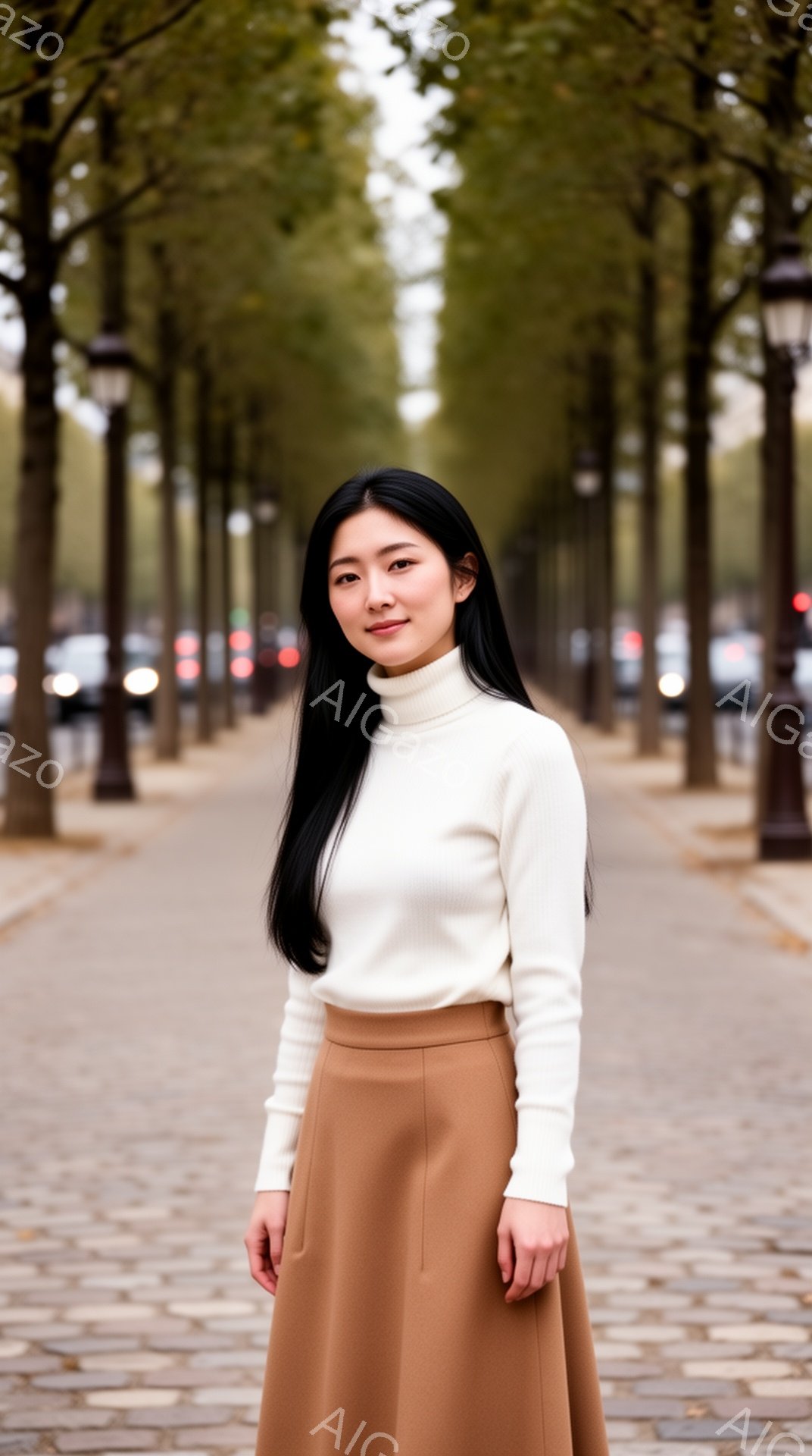 長い黒髪をなびかせた女性が、クリーム色のタートルネックセーターとキャメル色のフレアスカートを身に着けて立っている。彼女はわずかに微笑み、カメラの方を向いている。背景には、並木道とぼやけた車が見え、穏やかで落ち着いた雰囲気を感じさせる。