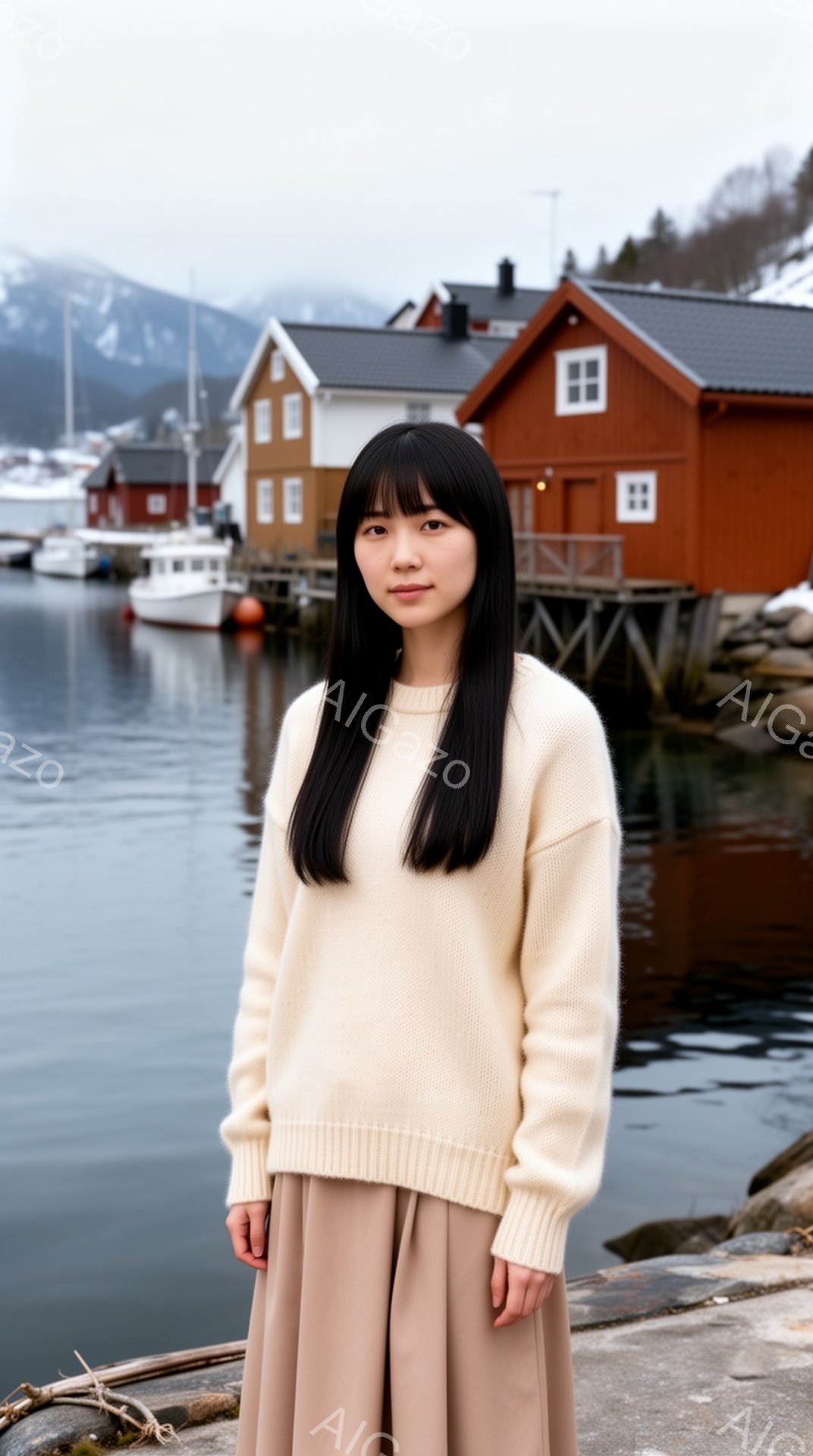 長い黒髪をセンターパートにした若い女性が、ベージュのセーターとスカートを着て立っている。彼女は落ち着いた表情で、わずかに微笑んでいるように見える。背景には、海に面した木造の建物やボートが並び、曇り空の下、穏やかで静かな雰囲気が漂っている。