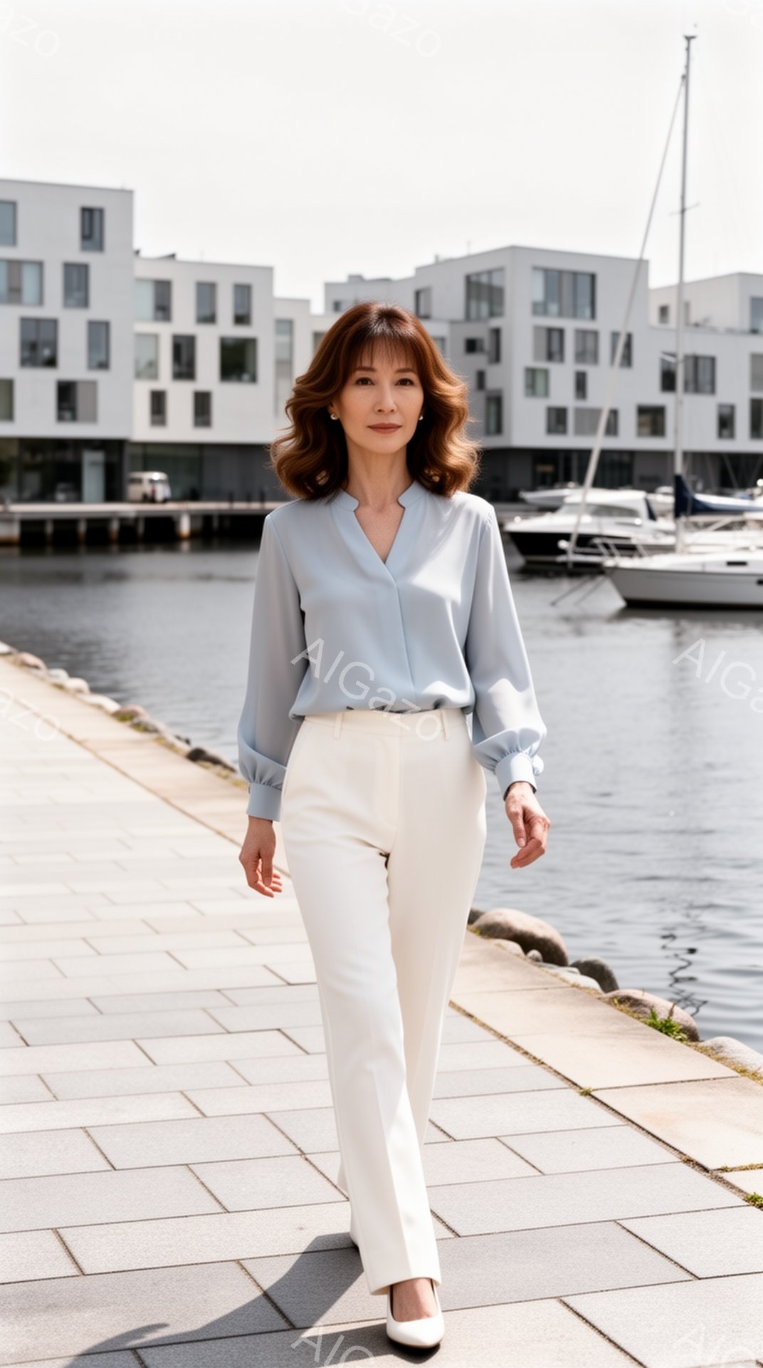 明るい日差しの下、女性が歩道を歩いている。淡い水色のブラウスに白いパンツを着用し、上品で洗練された印象を与えている。背景にはモダンな建物と穏やかな水面、そしてヨットが停泊する港が見え、穏やかで洗練された雰囲気を醸し出している。