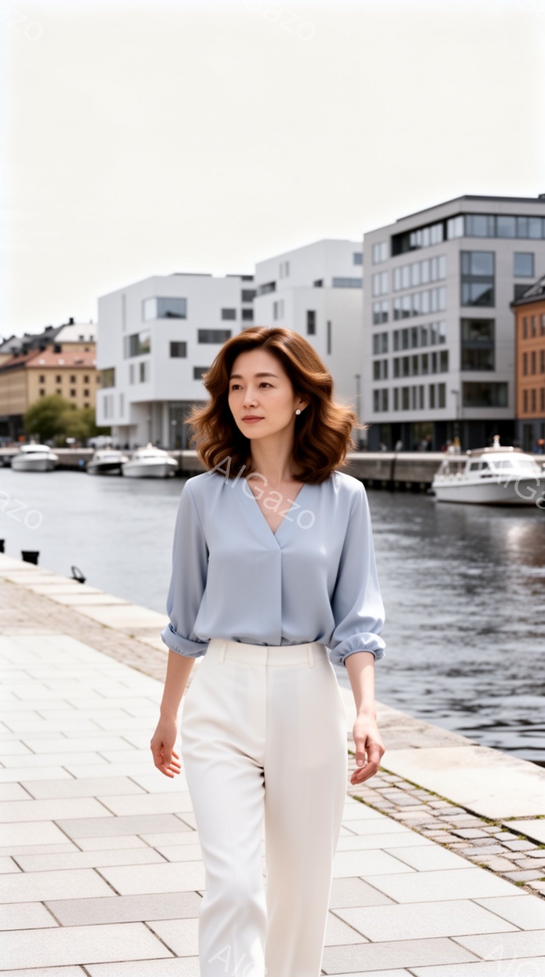 薄い水色のブラウスとオフホワイトのパンツを着用した女性が、石畳の遊歩道を歩いている。彼女は少し微笑み、髪は肩にかかる長さのゆるいウェーブがかかっている。背景には、モダンなデザインの建物が立ち並び、穏やかな水面にはヨットが浮かび、晴天の下、穏やかな雰囲気の風景が広がっている。