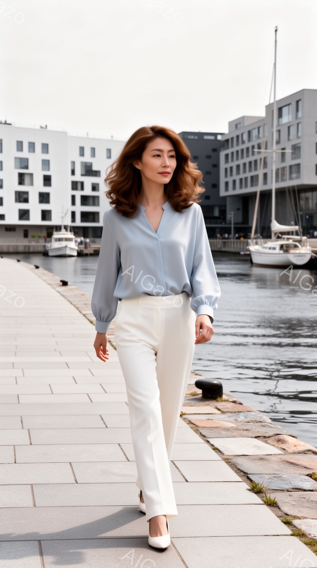 画像は、白いタイルが敷かれた遊歩道を歩く女性を捉えています。彼女は水色のブラウスと白いパンツを着用し、優雅な姿勢で前を見据えています。背景には近代的な建物と穏やかな水面、そして帆船が並び、晴れた日の穏やかな雰囲気が漂っています。
