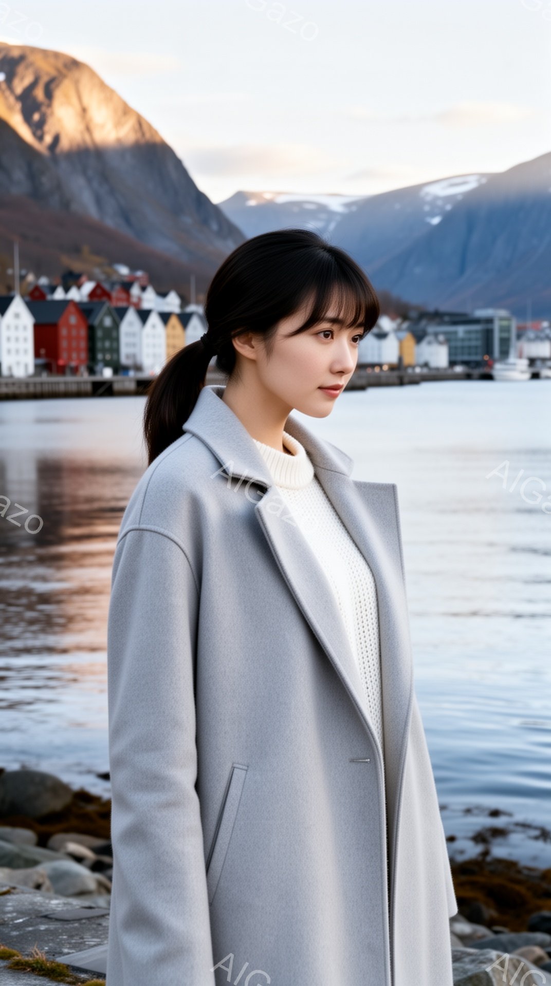 浅いグレーのコートを着た女性が、海を背景に横向きに立っています。彼女は黒髪を後ろで一つにまとめ、穏やかな表情で遠くを見つめています。背景にはカラフルな家々が並び、山々と海が広がり、穏やかで少し寂しげな雰囲気を醸し出しています。