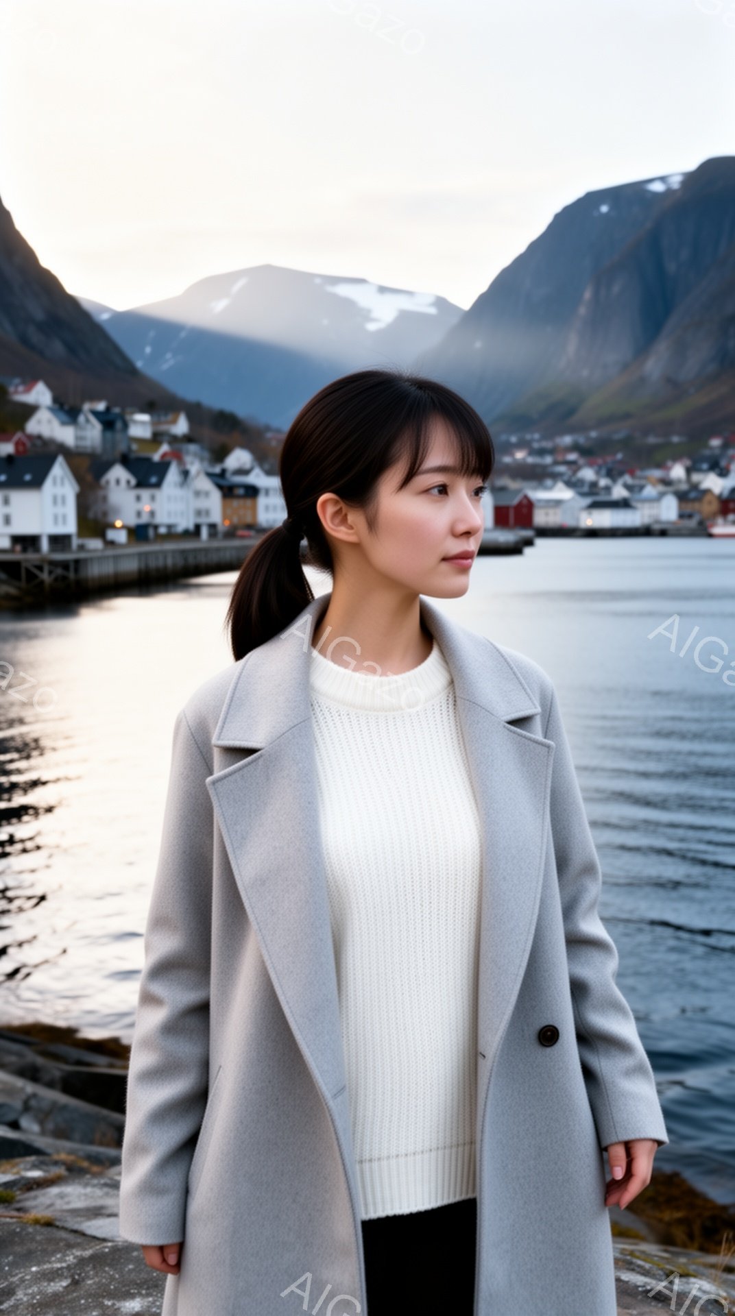 長い黒髪をハーフアップにした女性が、グレーのコートと白いセーターを着て立っている。彼女はわずかに横を向き、遠くを見つめるような表情をしている。背景には、海とカラフルな建物が並ぶ小さな村、そして雪を抱いた山々が広がり、静かで穏やかな雰囲気を醸し出している。