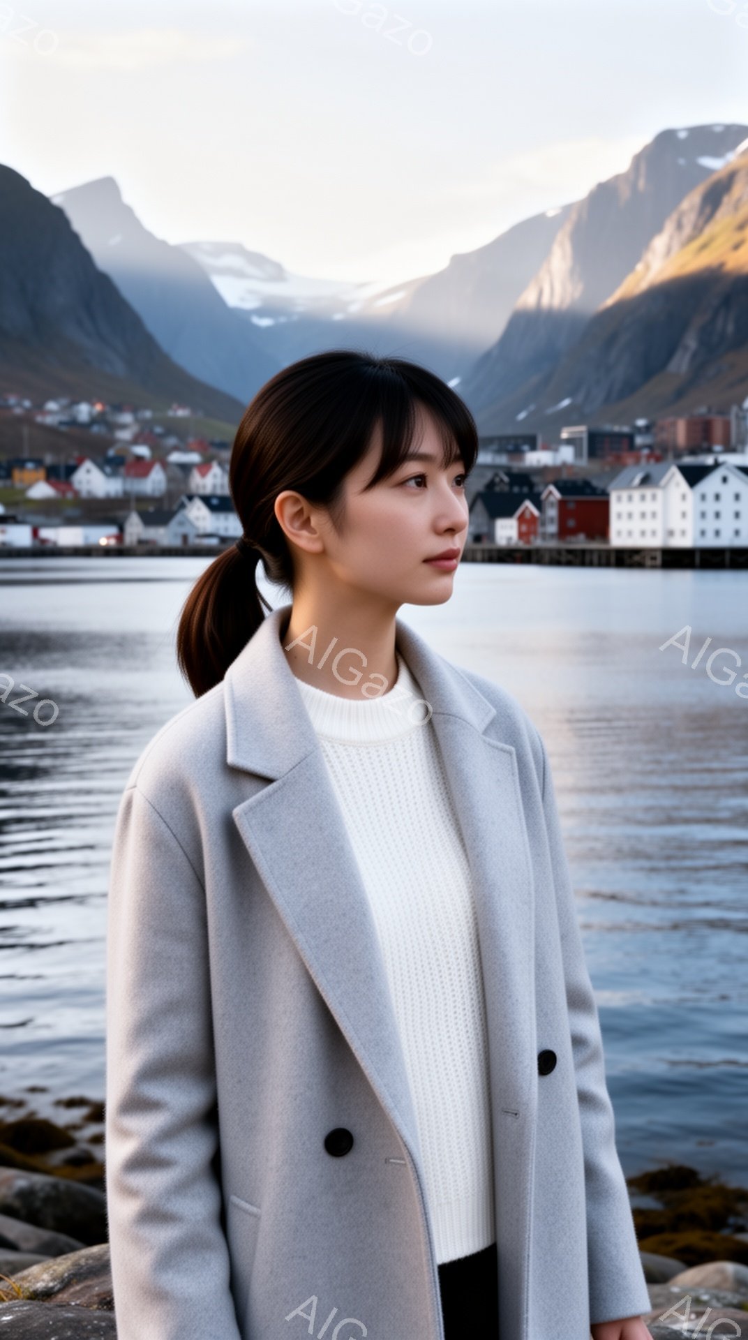 長い黒髪を後ろで一つに結んだ女性が、グレーのコートと白いセーターを着て立っている。彼女は少し横を向き、遠くを見つめており、表情は穏やかで落ち着いている。背景には、カラフルな家々が並ぶ港町と、雪を頂いた - AI生成フリー素材