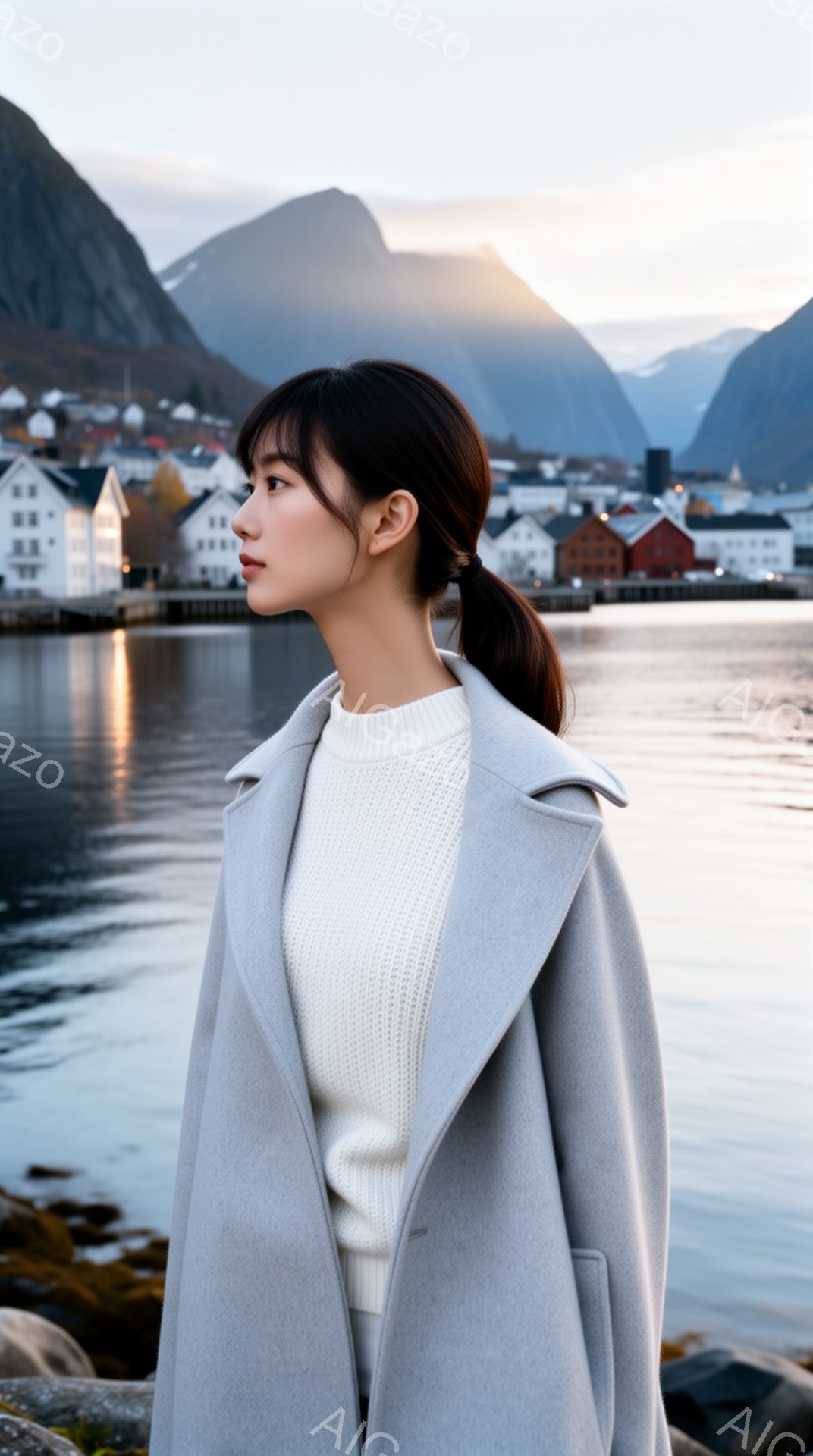 長い黒髪を後ろで一つに結んだ女性が、灰色のコートと白いセーターを着て立っている。彼女は横を向き、遠くを見つめており、表情は穏やかで物憂げだ。背景には、穏やかな海と、夕日に照らされた可愛らしい家々が並ぶ - AI生成フリー素材